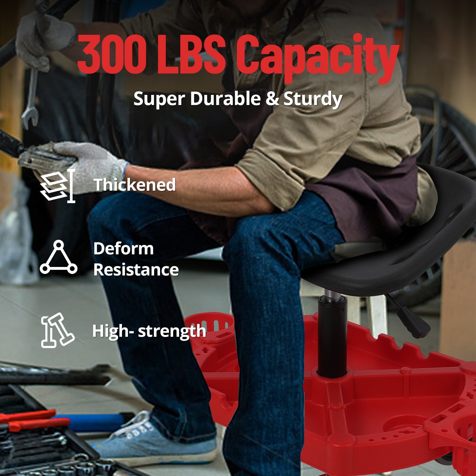 Garvee Heavy-Duty Adjustable Rolling Mechanic Stool, 300 lbs Capacity, 360° Swivel Wheels, Ergonomic Padded Seat with Short Backrest, Large Tool Tray, Water Bottle Holder, and Lifting Ring, Red