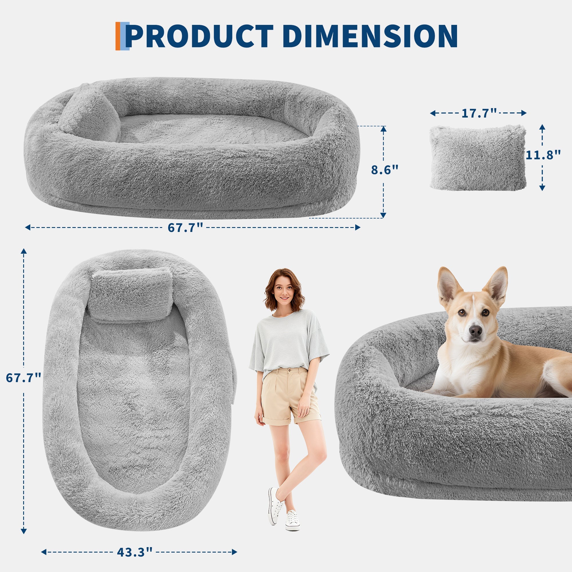 Garvee Orthopedic Soft Faux Fur Human Dog Bed for Adults & Pets – Large 67"x43"x8" Lounger, Egg Crate Foam, Removable Pillow, Side Pocket, Handle, Washable Cover, Cozy Floor Bed, White Grey
