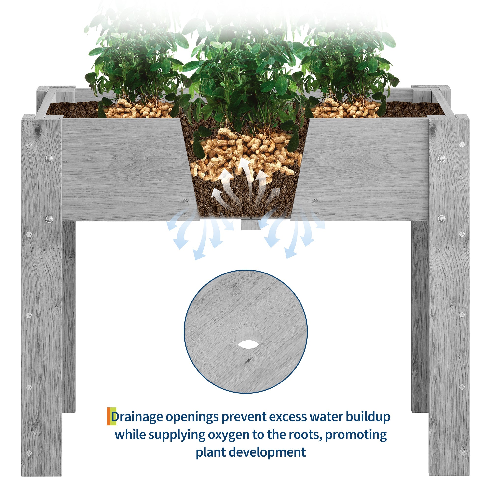 Garvee 34" x 18" x 30" Gray Elevated Wooden Planter Bed with Legs & Hooks, Raised Fir Wood Garden Box with Non-Woven Liner, Ergonomic Outdoor Planter for Vegetables, Herbs, Flowers, Patio & Balcony