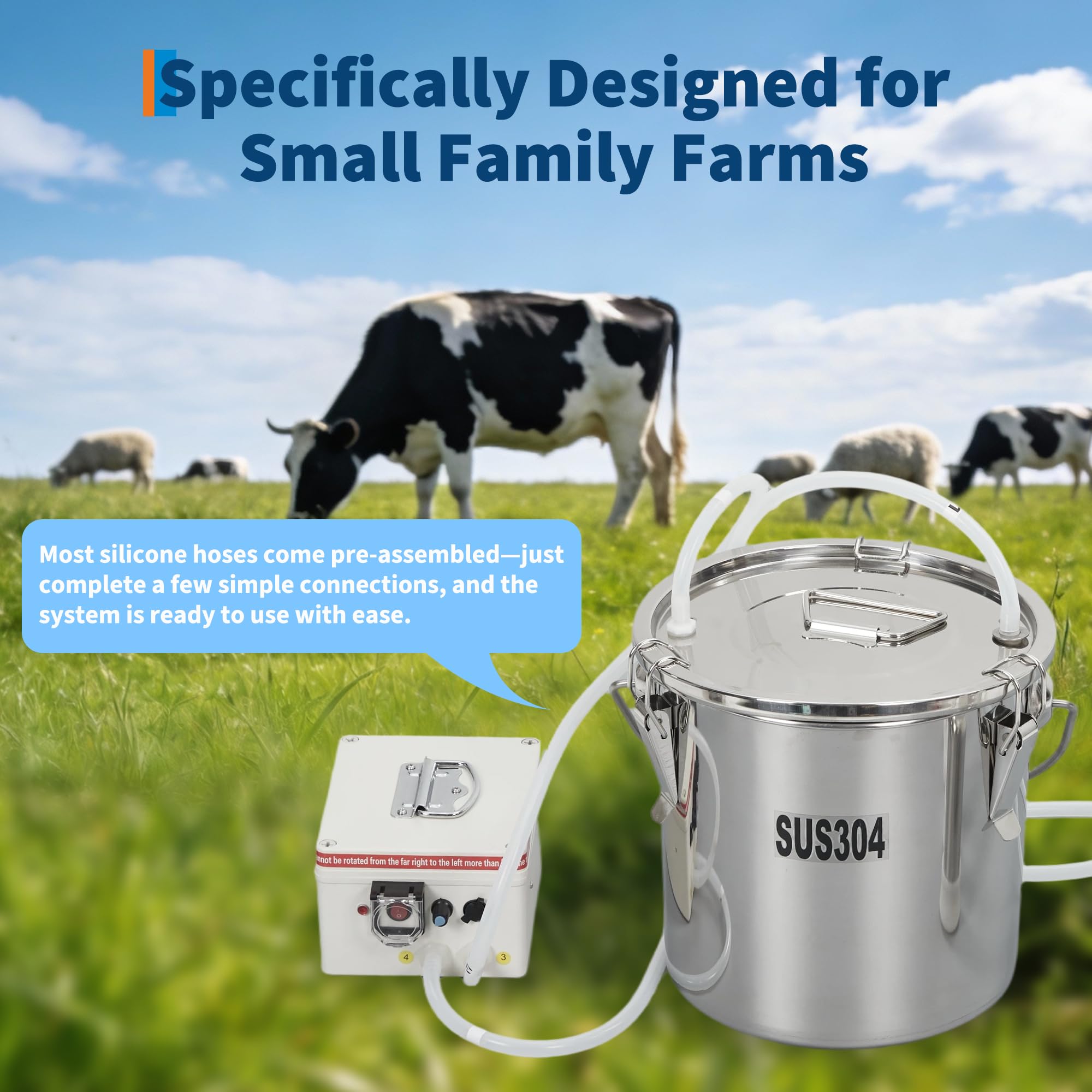 Garvee Electric Milking Machine for Cows & Goats – 6L Stainless Steel Bucket, 2-in-1 Automatic Pulsation, 4 Teat Cups, Portable Rechargeable Milker, Adjustable Suction, Built-in 12V 8000mAh Battery, US Standard