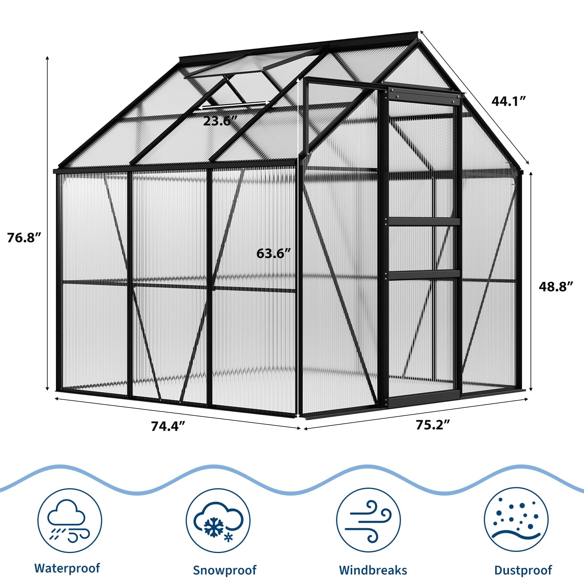 Garvee 6 x 6 FT Polycarbonate Greenhouse with Aluminum Frame, Sliding Door & Adjustable Roof Vent, Heavy-Duty Outdoor Greenhouse for Backyard, Garden, Patio