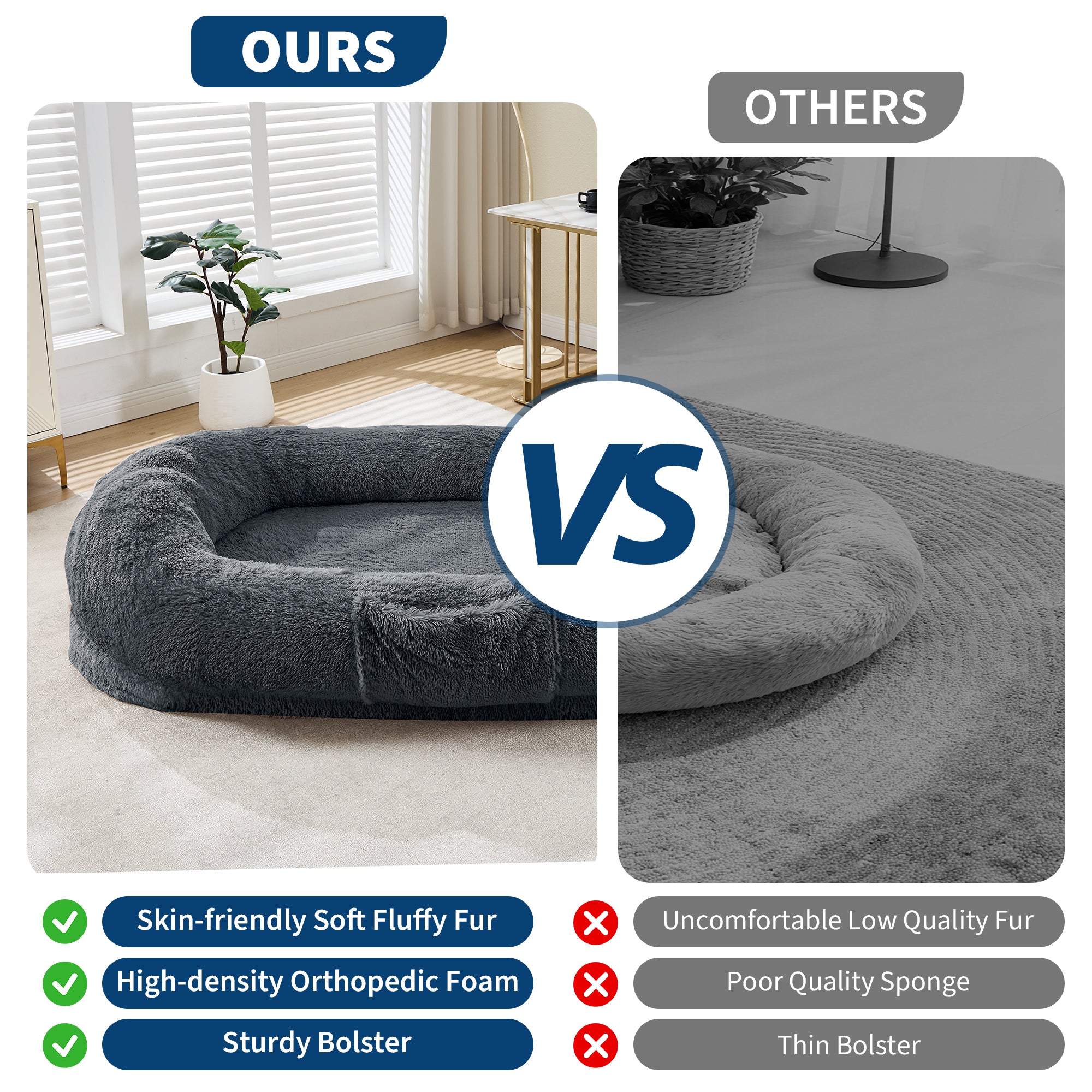 Garvee XL Orthopedic Memory Foam Dog Bed for Adults & Pets – Oversized Bean Bag Lounger, Washable Faux Fur, Side Pocket, Waterproof, No Assembly, Calming Nest for Anxiety Relief – Navy Blue