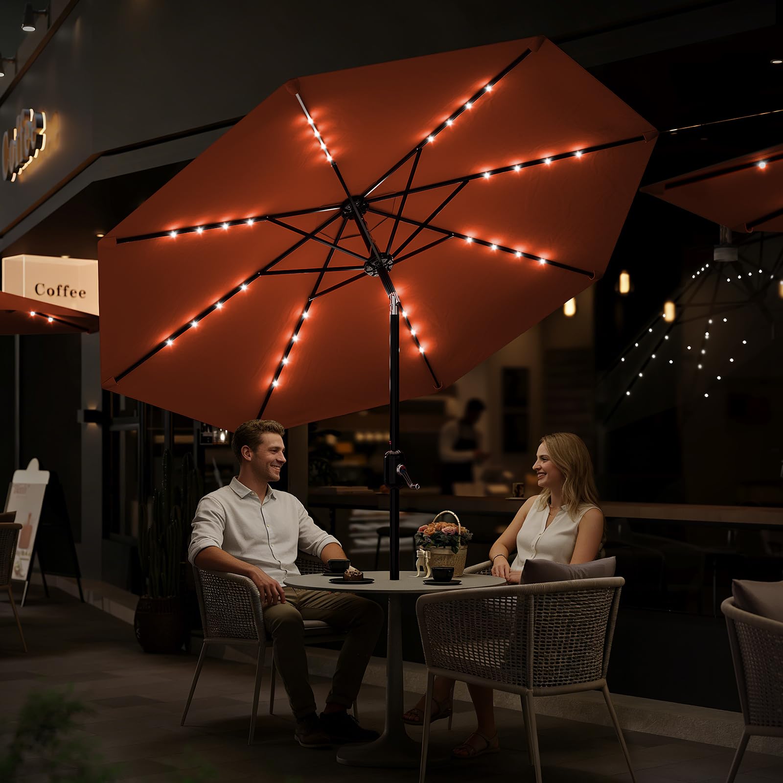 Garvee 10 FT Patio Umbrella with Solar Lights, Outdoor Table Umbrella with 8 Durable Ribs, Tilt & Crank Mechanism, Waterproof & UV Protection for Garden, Backyard, Poolside, Orange