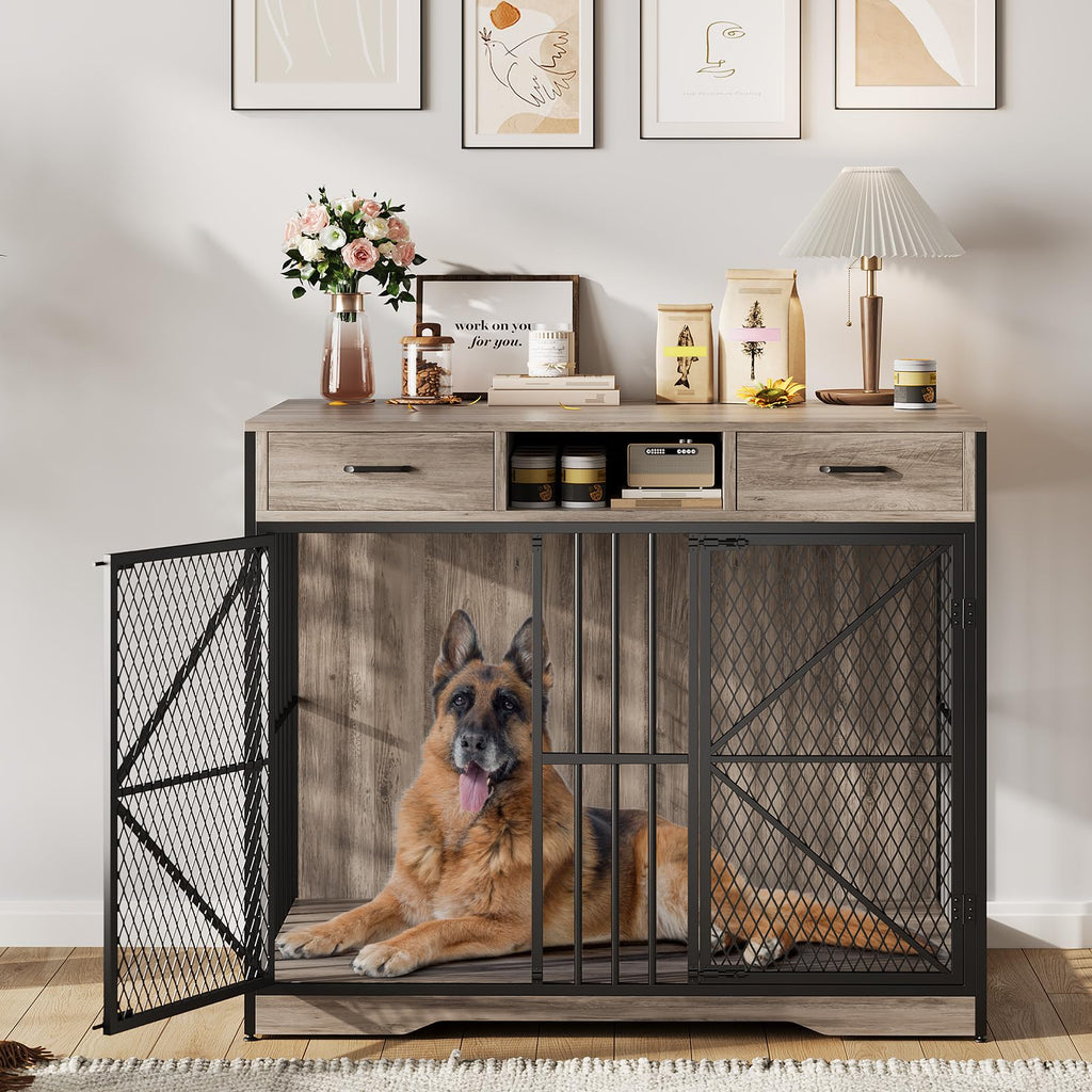 Garvee 44 Inch Dog Crate Furniture with Drawers, Wooden Dog Cage with Open Compartment & Double Doors, Heavy Duty Indoor House End Table for Small Medium Large Breeds, Vintage Brown & Black