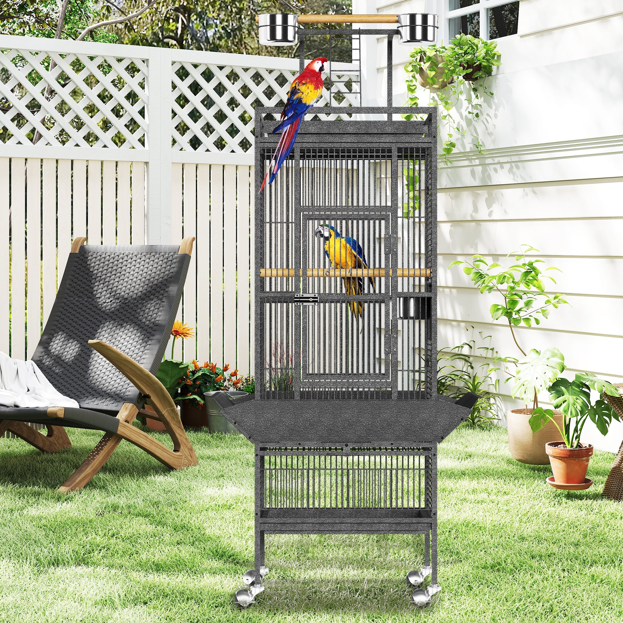 Garvee 61 Inch Large Metal Bird Cage with Play Top & Rolling Stand – Stainless Steel & Wood Aviary for Macaws, Cockatoos, Conures, Parakeets, Cockatiels – Spacious Indoor Cage – Exploding Silver