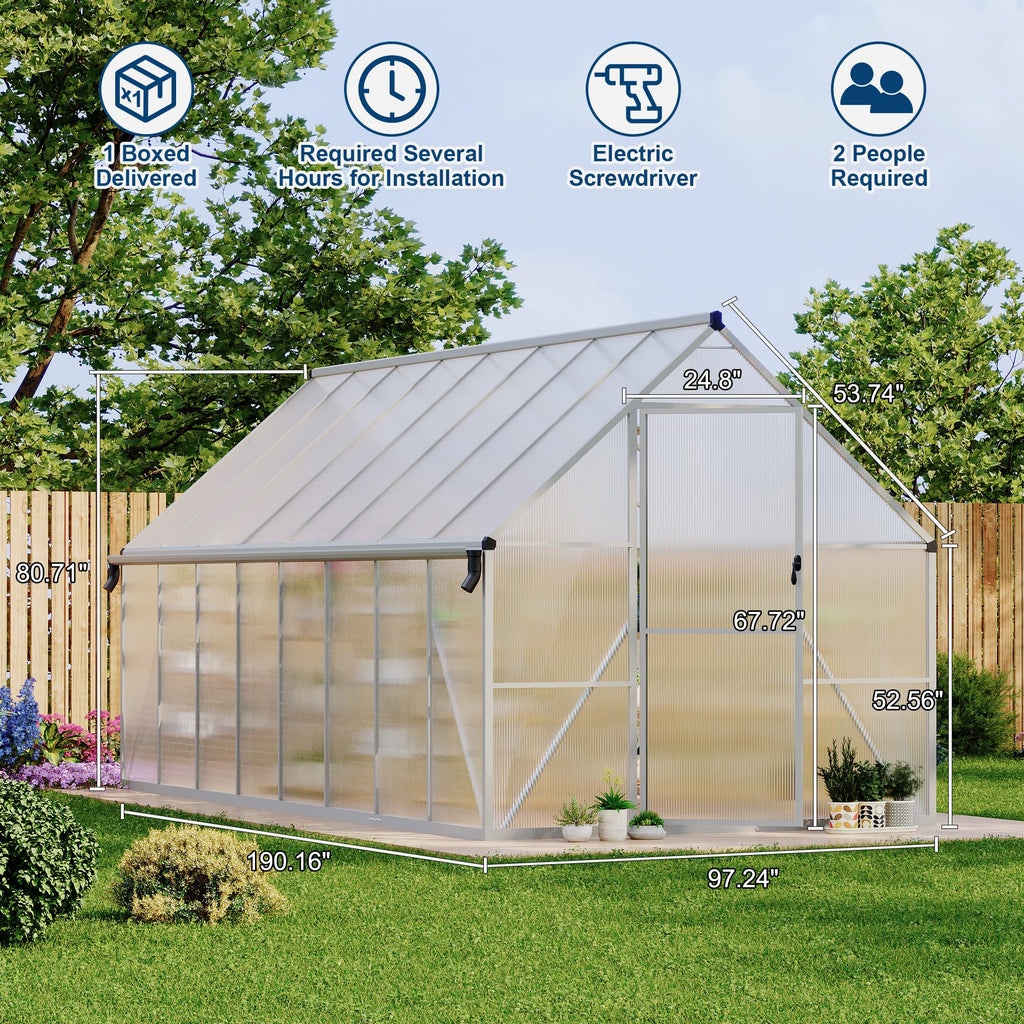 Garvee Heavy Duty 8x16FT Polycarbonate Greenhouse with Aluminum Frame – Double Swing Doors, Roof Vent, Rain Gutter, Quick Setup – Large Walk-In Outdoor Gardening Tent, Silver