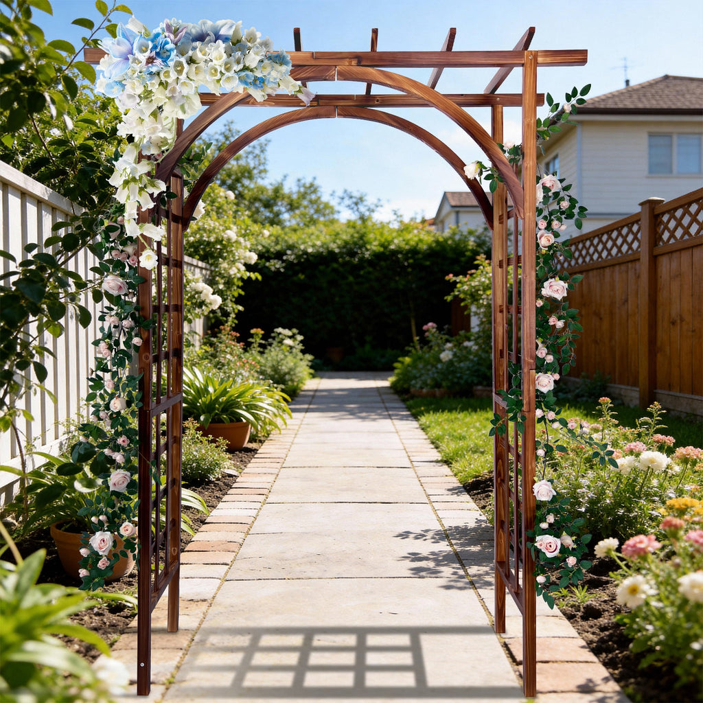 Garvee 85-Inch Wooden Garden Arbor Trellis, Fir Wood Pergola Arch for Climbing Plants, Wedding, Patio, Lawn & Backyard, Dark Brown, Arched & Flat Top