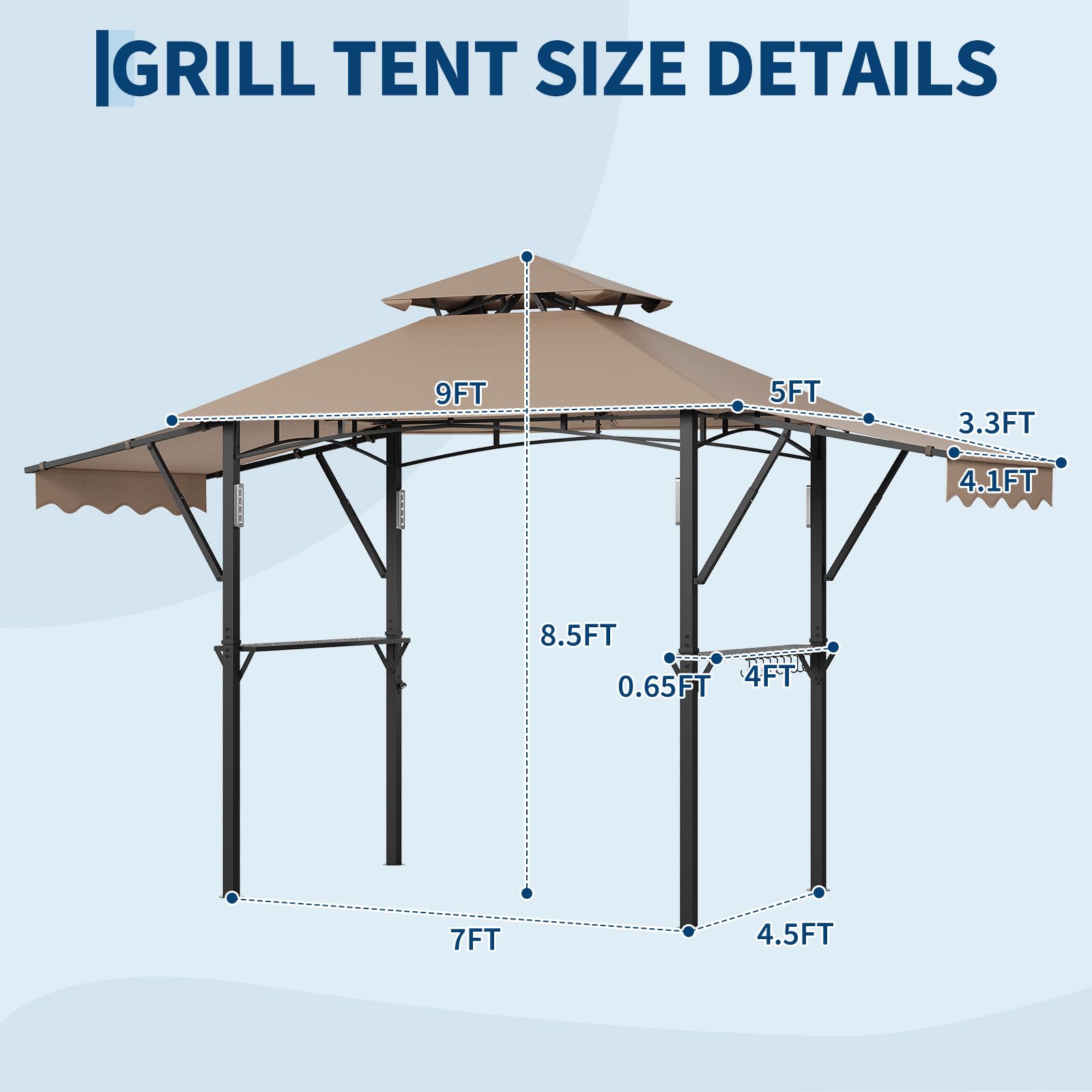 Garvee 8' × 5' Grill Gazebo with Dual Adjustable Awnings, 2-Tier Ventilated Canopy, Steel Frame, 2 Shelves & 7 Hooks, Khaki
