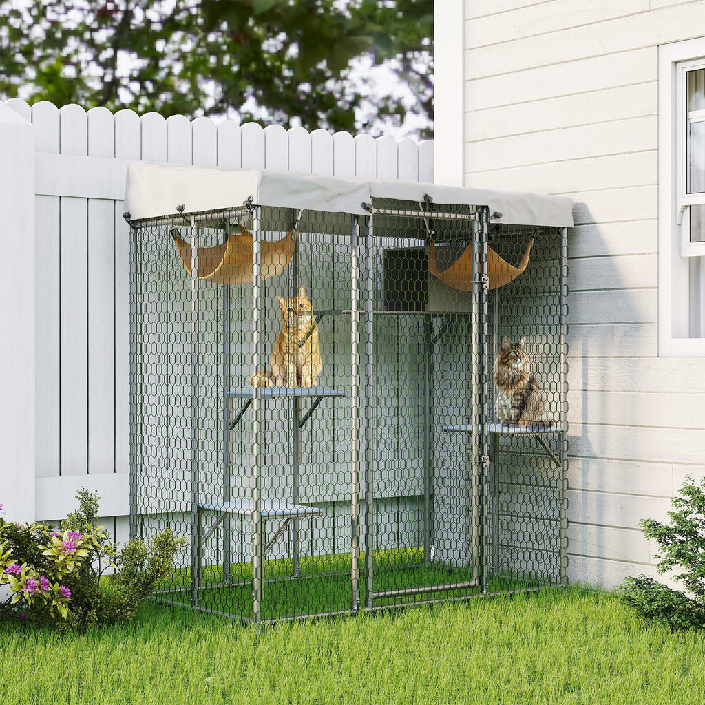 Garvee Large Outdoor Cat House Catio, Walk-In Metal Enclosure with 4 Platforms, Hammock, Weatherproof Canopy, Resting Condo, Spacious Shelter for Multiple Cats, Patio/Yard Use – Size JYCC-X200