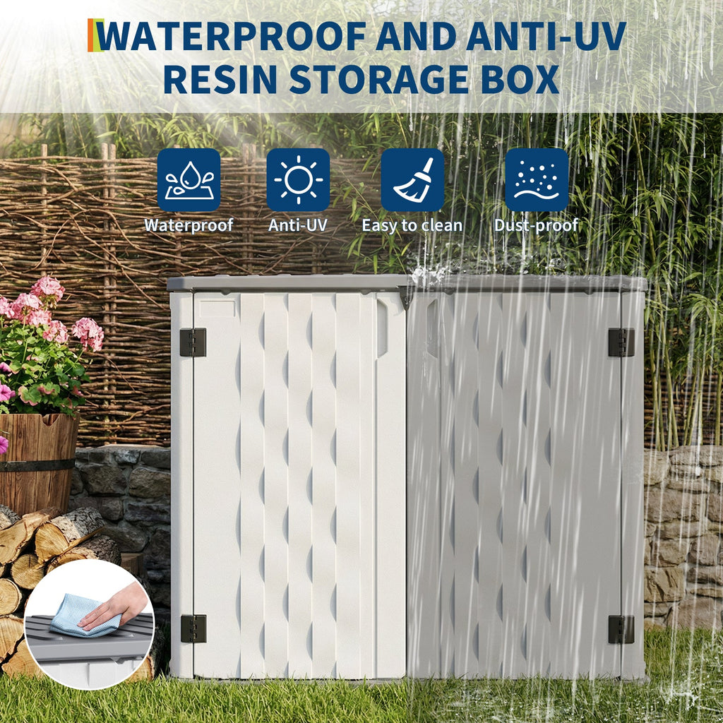 Garvee 34 Cu. Ft. Outdoor Resin Storage Shed, Waterproof HDPE Cabinet with Double Doors for Patio Tools, Cushions & Trash Cans, White