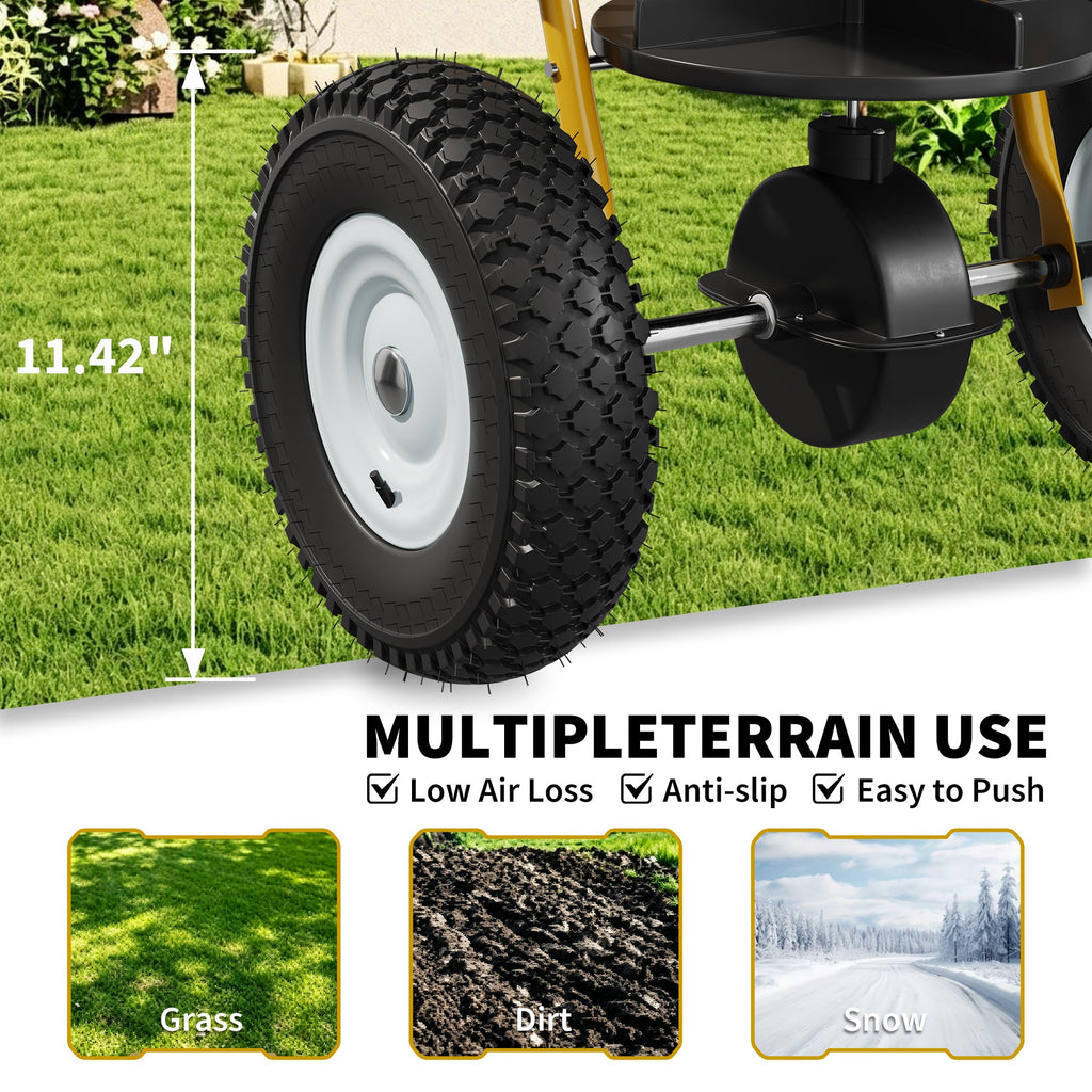 Garvee 85 lb Tow-Behind Broadcast Spreader with Adjustable Flow Control, 10-Inch Pneumatic Tires, Steel Frame & Universal Hitch for Seed, Fertilizer, Salt and Ice Melt, Black & Yellow