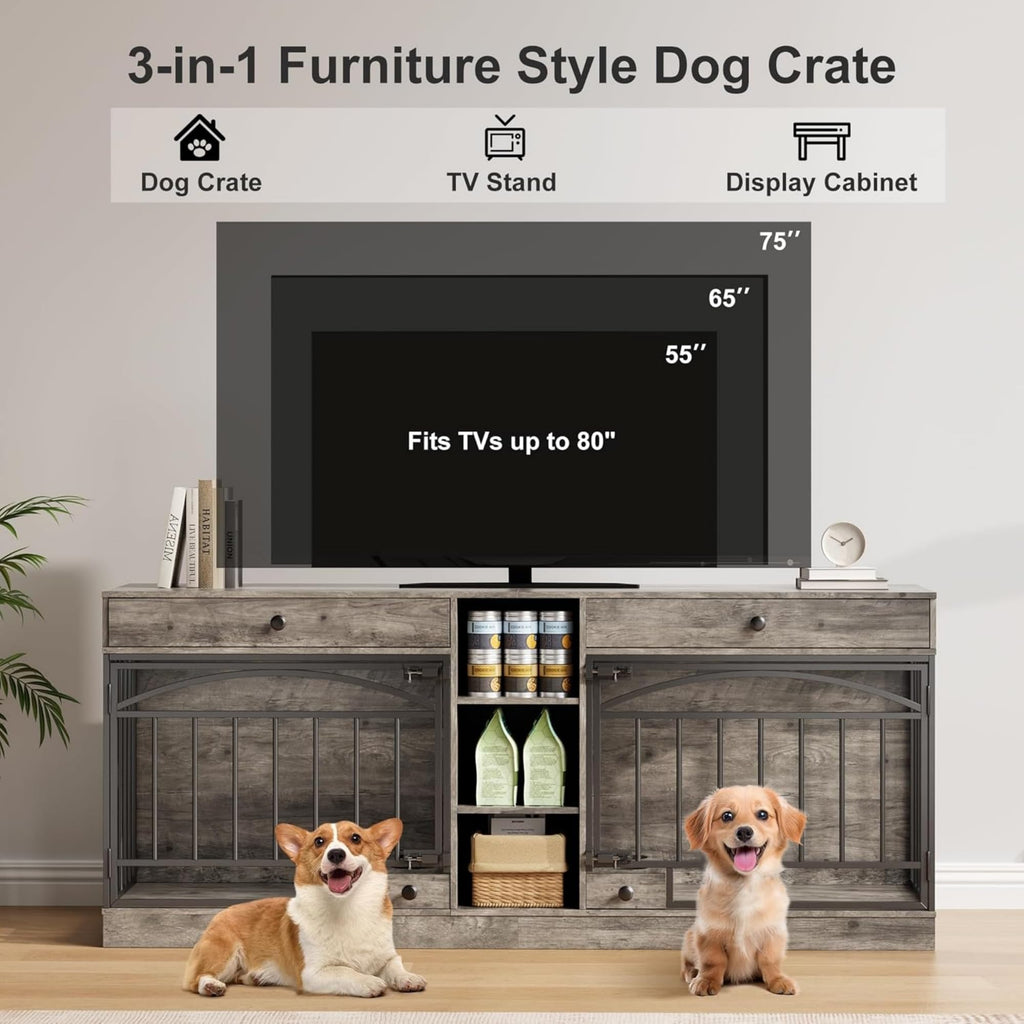 Garvee Dog Crate Furniture for 2 Dogs, 78.7" Large Dog Kennel Indoor with 2 Storage Drawers, 3 Shelves and Feeding Bowls, Double Dog Crate TV Stand for Small and Medium Dogs, Gray