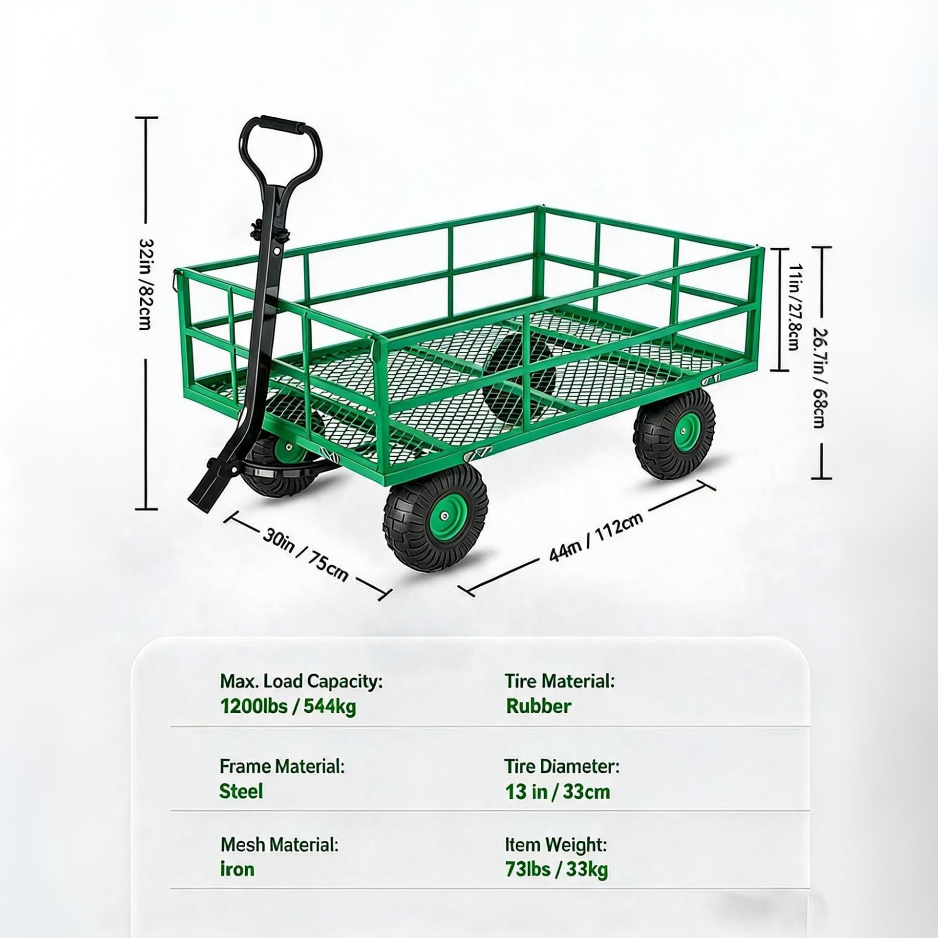 Garvee Steel Garden Cart, 1200 lbs Capacity Utility Wagon with 13-Inch Wheels, Removable Mesh Sides and 2-in-1 Pull Handle for Yard and Lawn Work, Green