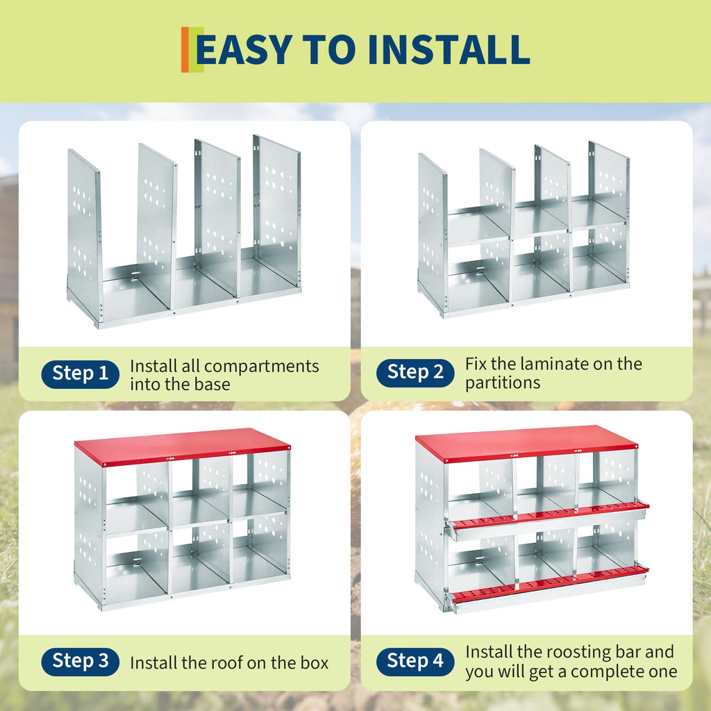 Garvee 6-Compartment Galvanized Steel Chicken Nesting Box – Rollaway Egg Collection, Turn-Over Lid, Red