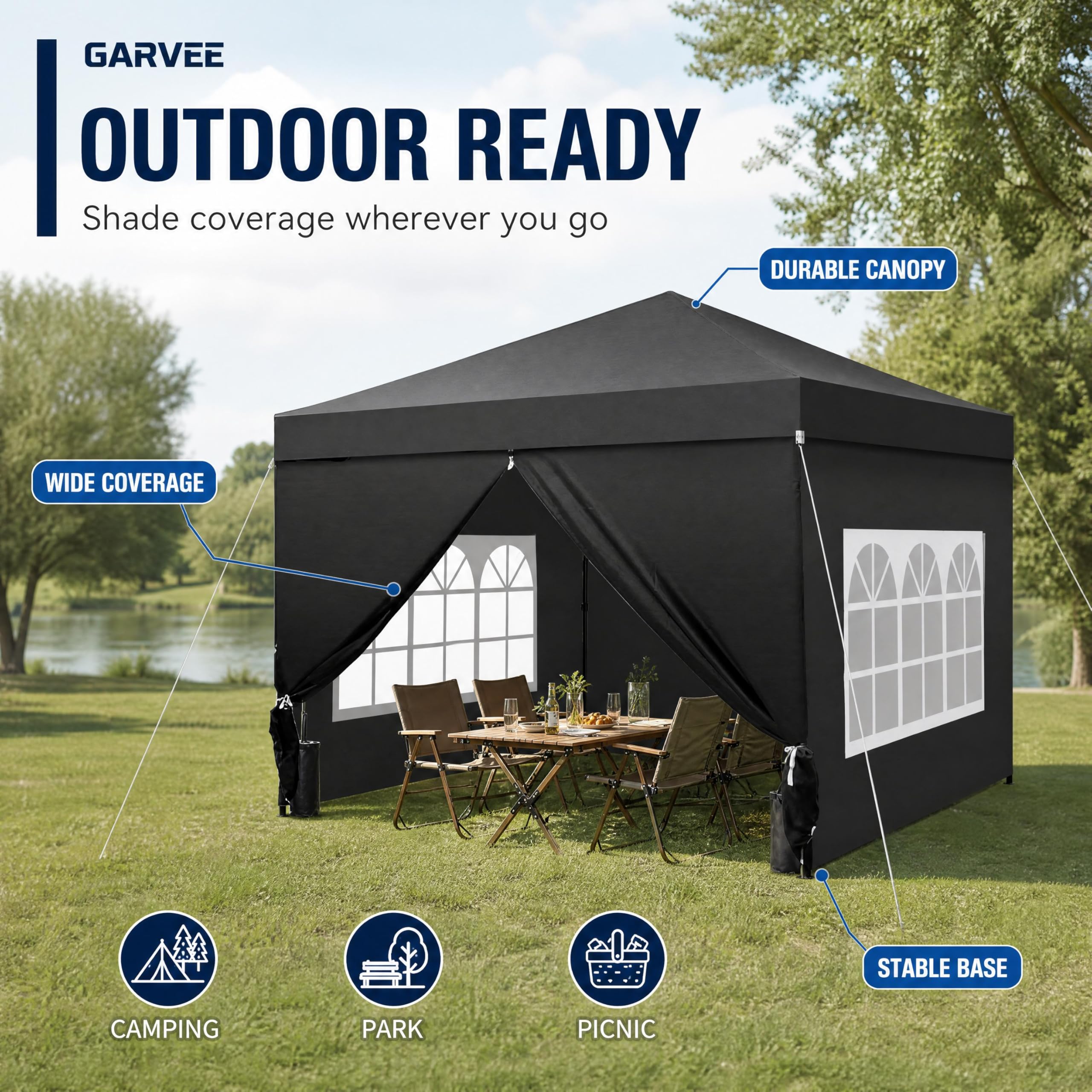 Garvee Pop Up Gazebo, 10 x 10 FT Steel Frame Canopy with 4 Removable Sidewalls, Mesh Windows and Zipper Doors for Parties and Backyard Events, Black