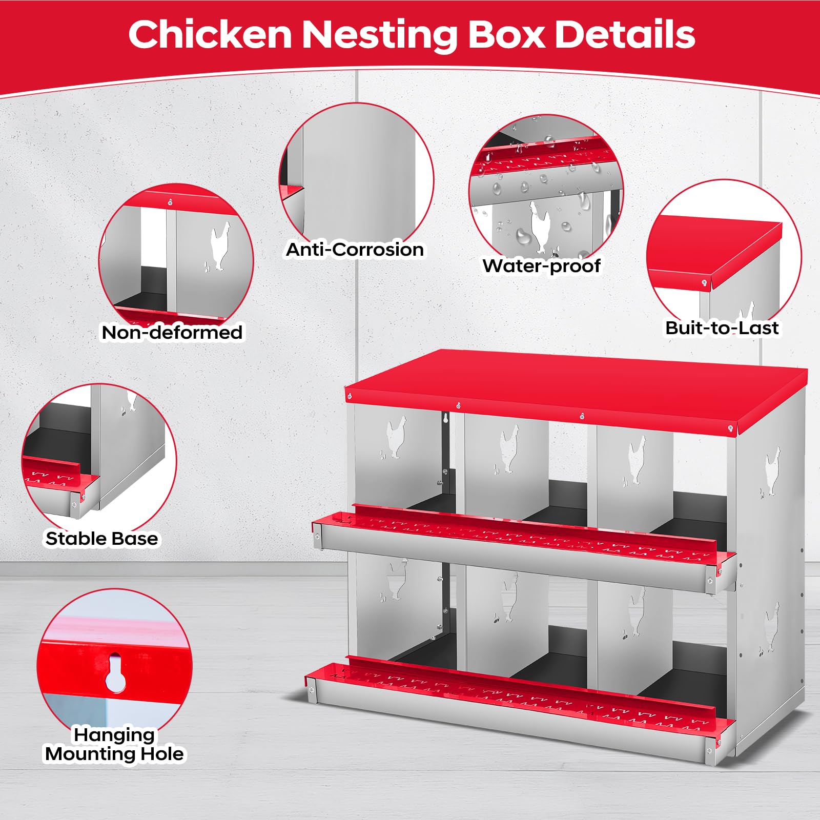 Garvee Chicken Nesting Box, 3 Room Galvanized Steel Laying Boxes, Metal Nesting Boxes for Hens with 10 Pads & 4 Fake Eggs, Easy Egg Collection, Vented Holes Poultry Nest for Chicken Coop, Red