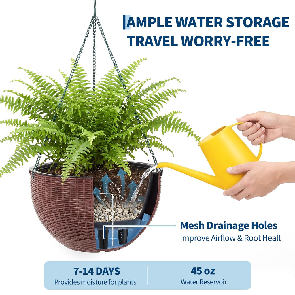Garvee Self-Watering Hanging Planters for Indoor & Outdoor Plants, 4-Pack 13.8 in Resin Baskets with Rattan Look, Drainage Plugs and Triple-Chain Hangers