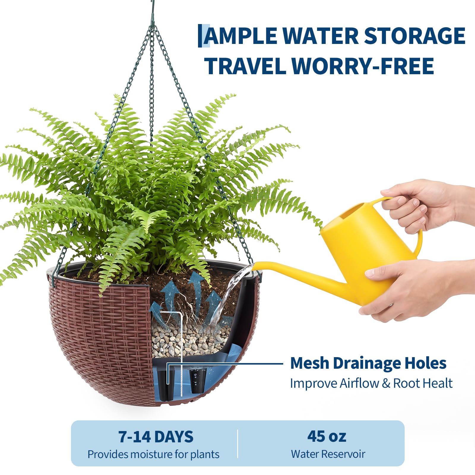 Garvee Self-Watering Hanging Planters for Indoor & Outdoor Plants, 4-Pack 13.8 in Resin Baskets with Rattan Look, Drainage Plugs and Triple-Chain Hangers