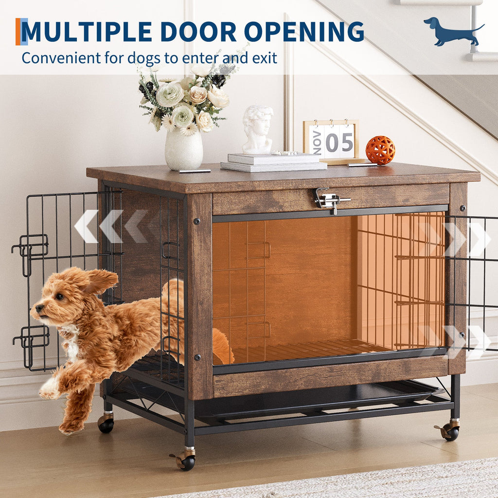 Garvee Small Dog Crate Furniture with 2 Doors and Wheels, Top-Opening Heavy Duty Wooden Indoor Kennel Dog House Cage with Anti-Chew, Removable Tray, Side End Table for Small Medium Dogs, Brown