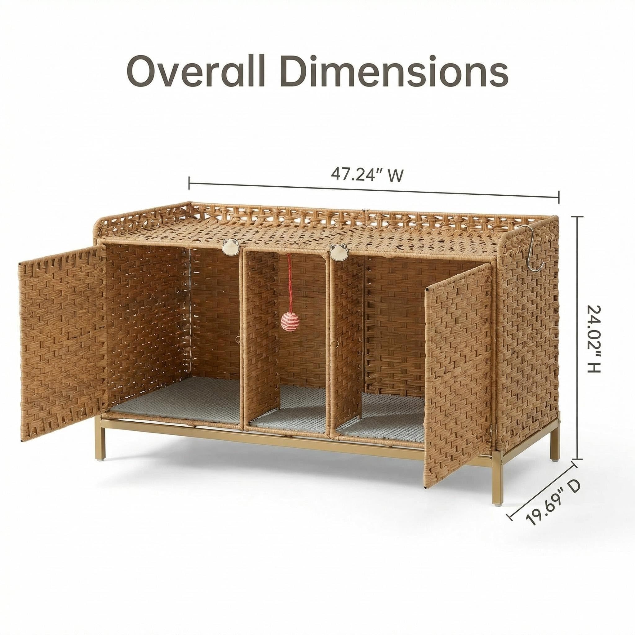Garvee Handwoven Rattan Cat Litter Box Enclosure - Hidden Cat Washroom Cabinet with Door & S-Shaped Hooks - Large Spacious Cat Furniture for Living Room or Bedroom - Natural Color
