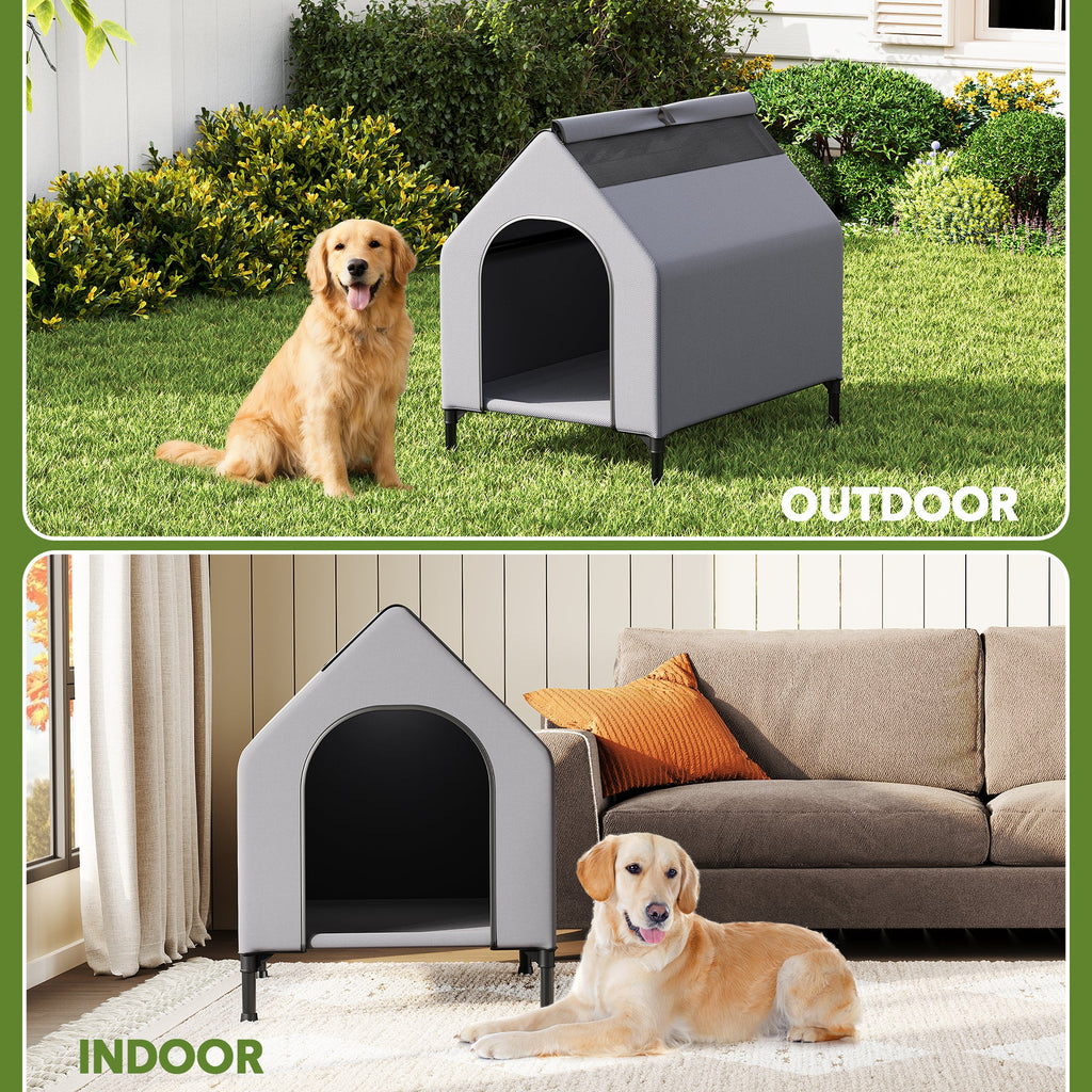 Garvee Dog House Outdoor Weatherproof 600D Oxford Canopy, 2 Top Windows, Breathable Mesh Fabric Bed, Dog Tents Shelter Kennel, Medium Dog House for Outdoor Indoor, Gray