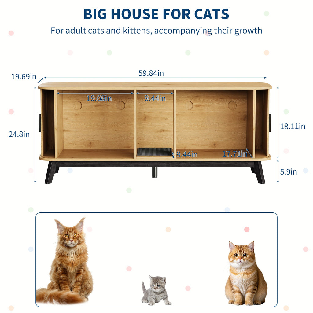 Garvee Multi-Functional Cat Litter Box Enclosure for 2 Cats, 59" Large Wooden Pet House - Hidden Litter Box Furniture - Sliding Door Access - Cat Litter Mat Included - TV Stand Side Table - Color: Natural Wood