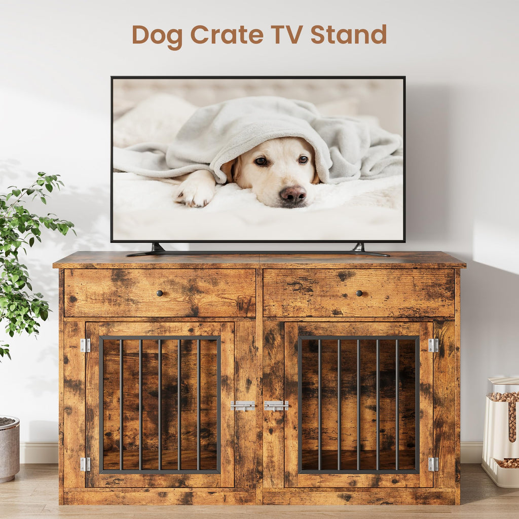 Garvee 60" Dog Crate Furniture for 2 Dogs, Heavy Duty Dog Kennel Furniture TV Stand with 2 Drawers, Dog Crates for Small Medium Dogs, Dog Cage End Table for Indoor Use,Vintage Brown