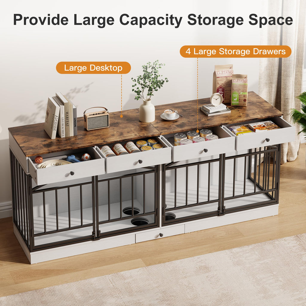 Garvee 78.7" Double Dog Crate Furniture with Storage and 4 Doors, Dog Kennel Indoor with Feeding Bowls, Wood Dog Crate TV Stand for Small Medium Dogs, White&Brown Top