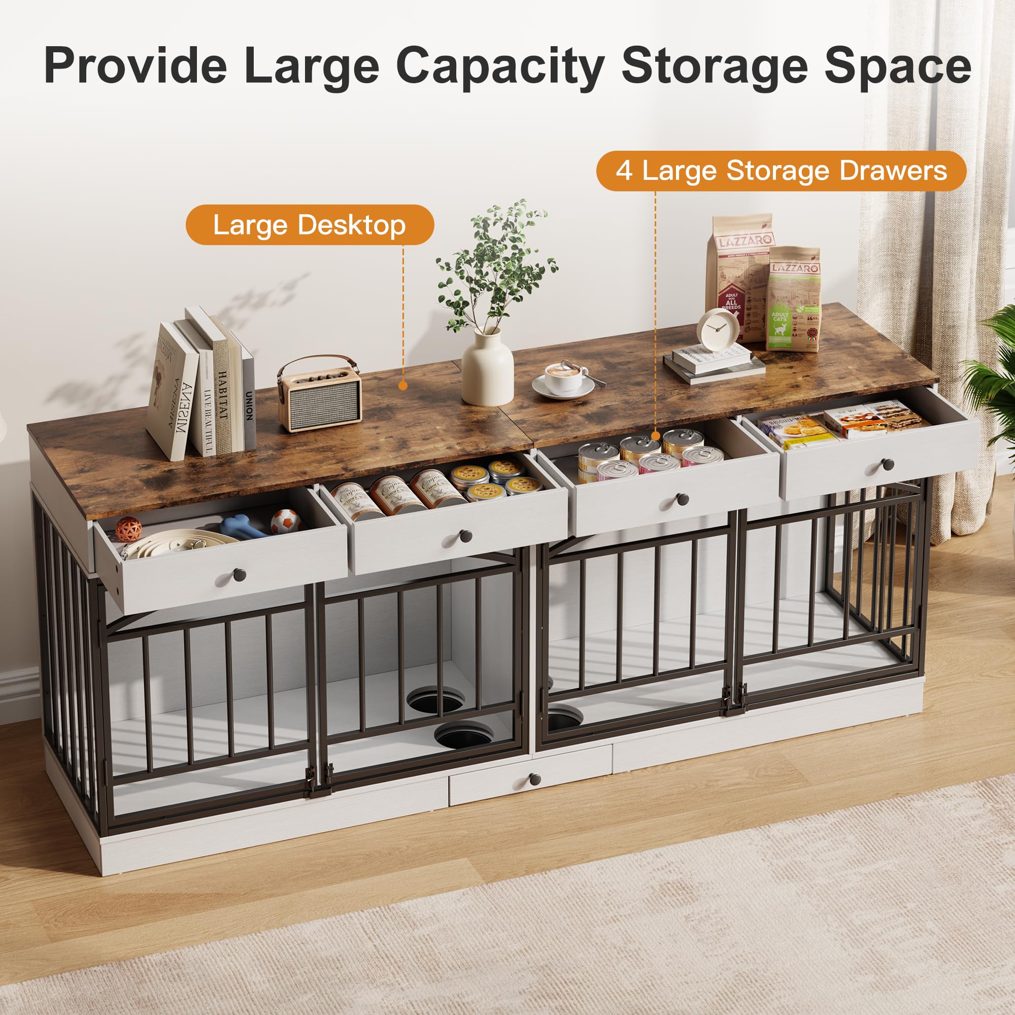 Garvee 78.7" Double Dog Crate Furniture with Storage and 4 Doors, Dog Kennel Indoor with Feeding Bowls, Wood Dog Crate TV Stand for Small Medium Dogs, White&Brown Top
