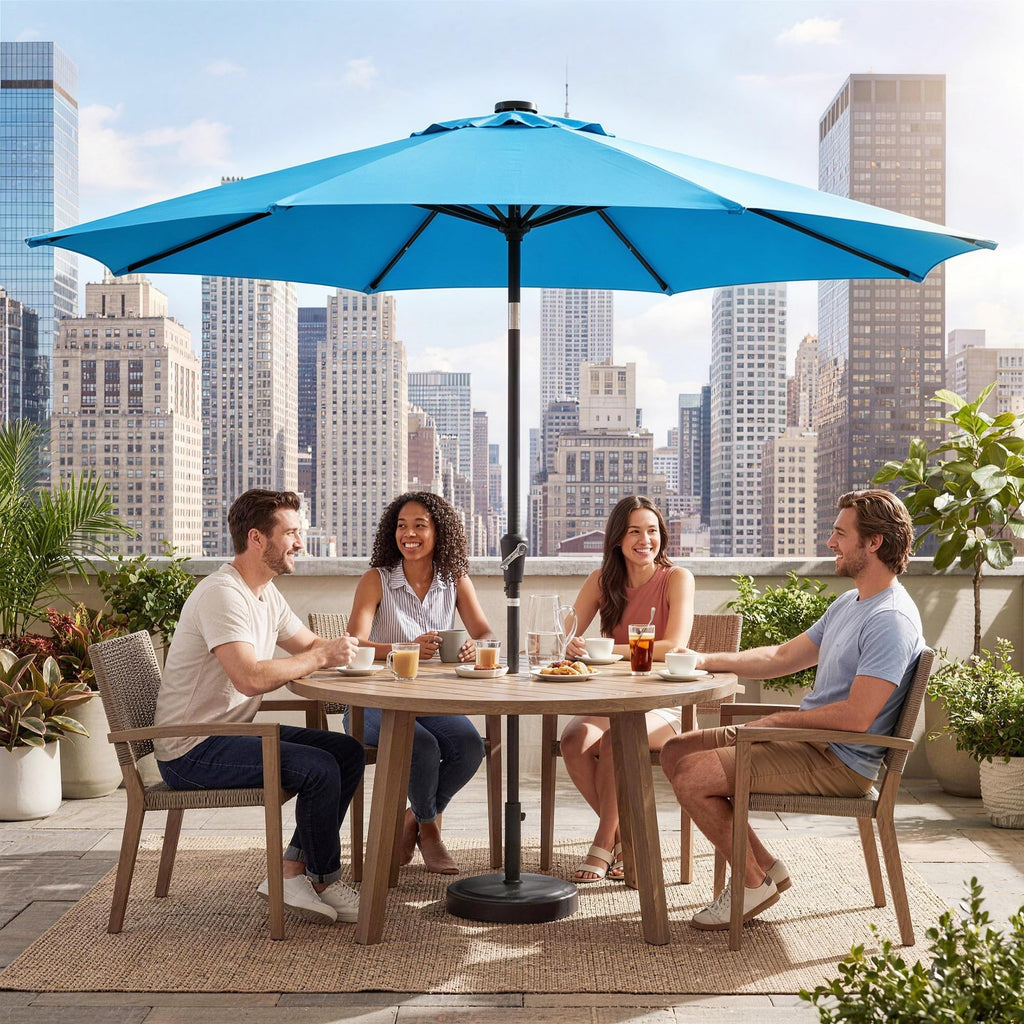 Garvee 10 FT Solar LED Patio Umbrella, 32 Lights, 8-Rib Iron Frame, Crank & Push-Button Tilt Market Umbrella for Table, Pool and Deck, Turquoise