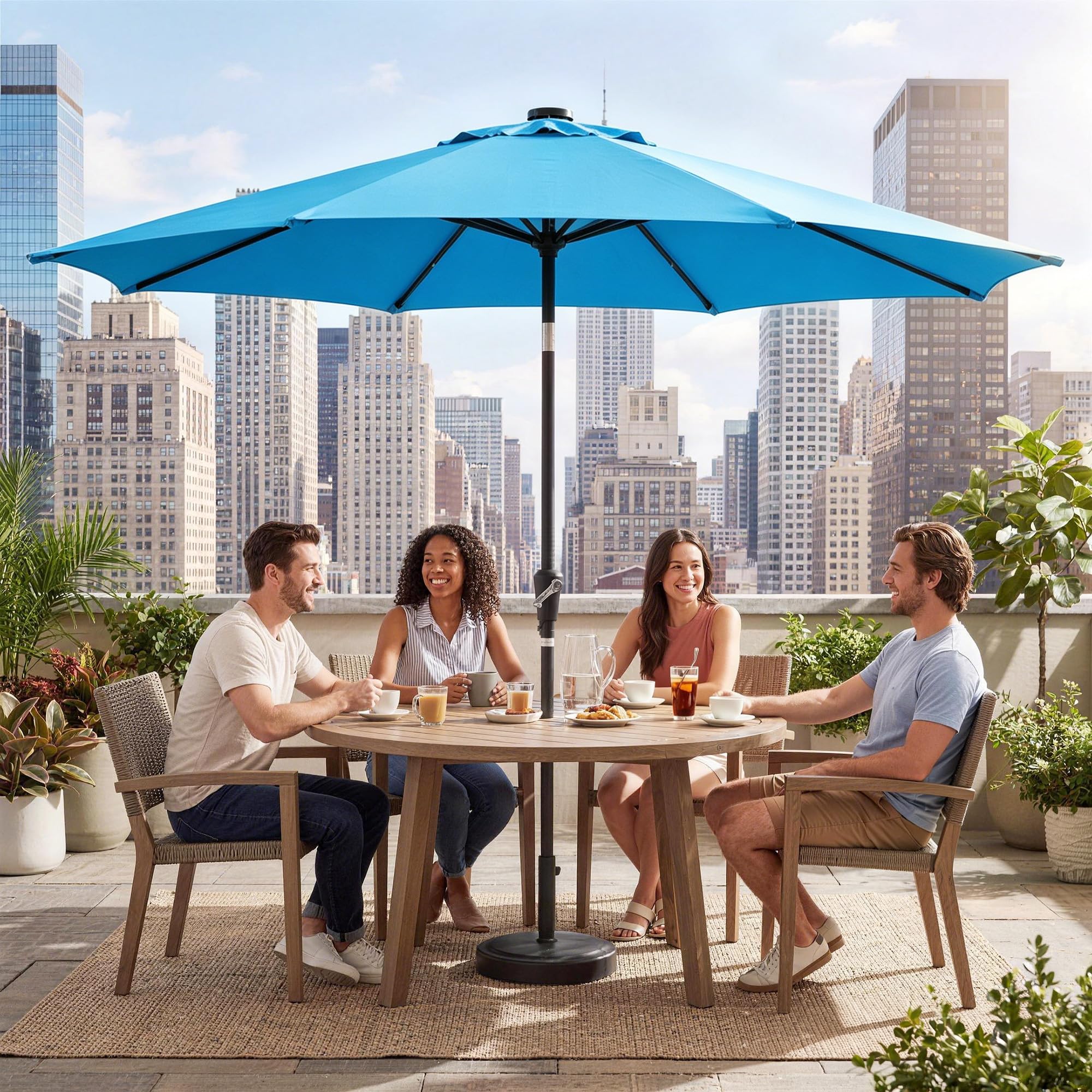 Garvee 10 FT Solar LED Patio Umbrella, 32 Lights, 8-Rib Iron Frame, Crank & Push-Button Tilt Market Umbrella for Table, Pool and Deck, Turquoise