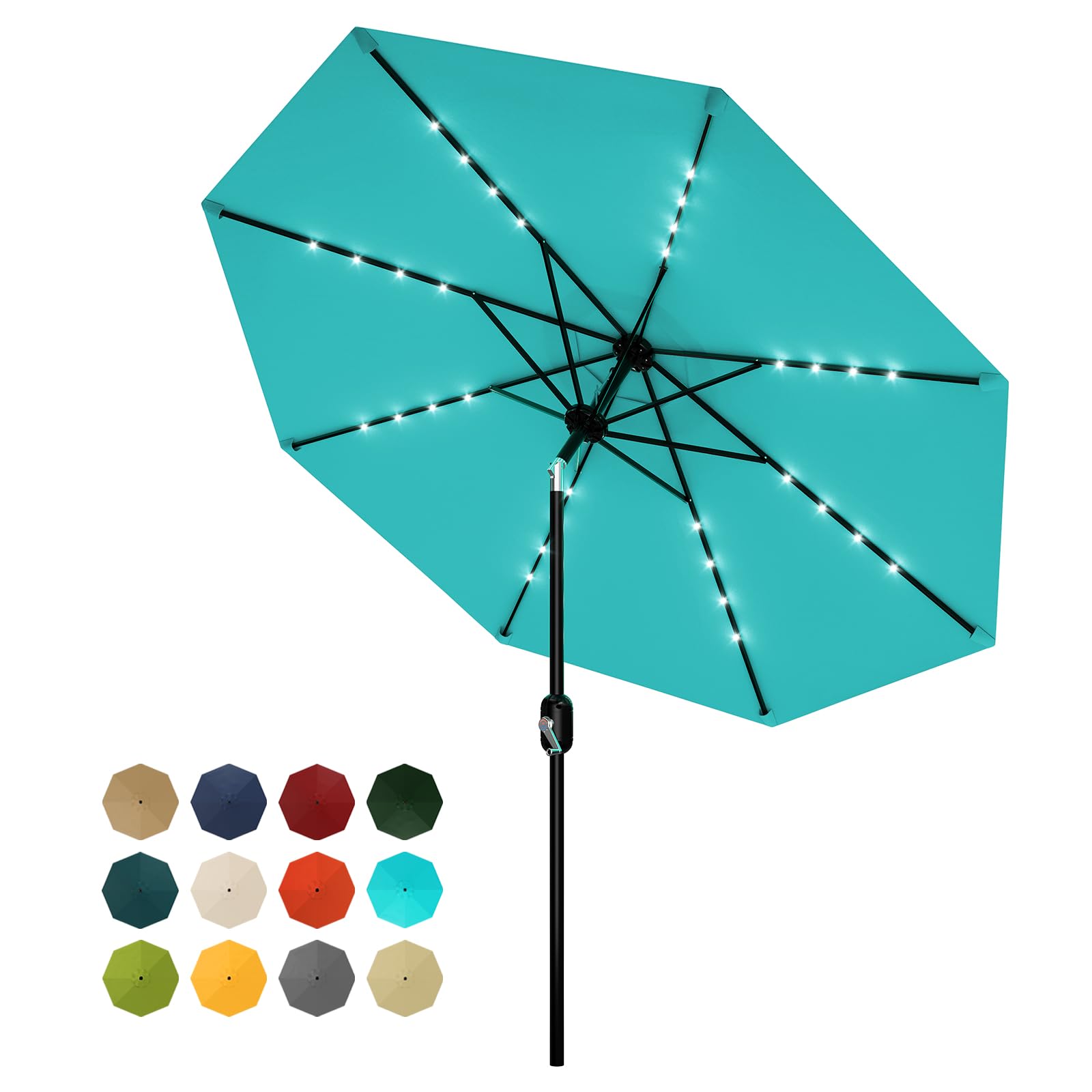 Garvee 9FT Solar LED Patio Umbrella with 32 Lights, Tilt & Crank Outdoor Market Umbrella, UV & Water Resistant, 8 Ribs Sunshade for Garden, Deck, Pool & Table, Light Blue