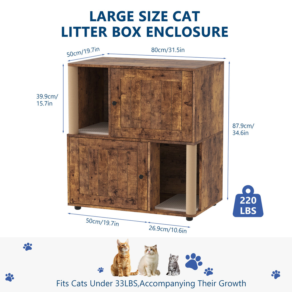 Garvee Double Cat Litter Box Enclosure for 2 Cats – 2-Tier Modern Wooden Cabinet with Built-in Sisal Marking Posts, Dual Litter Mats, Odor Control, Dog-Proof, Hidden Cat Washroom – Grooved Tigerwood