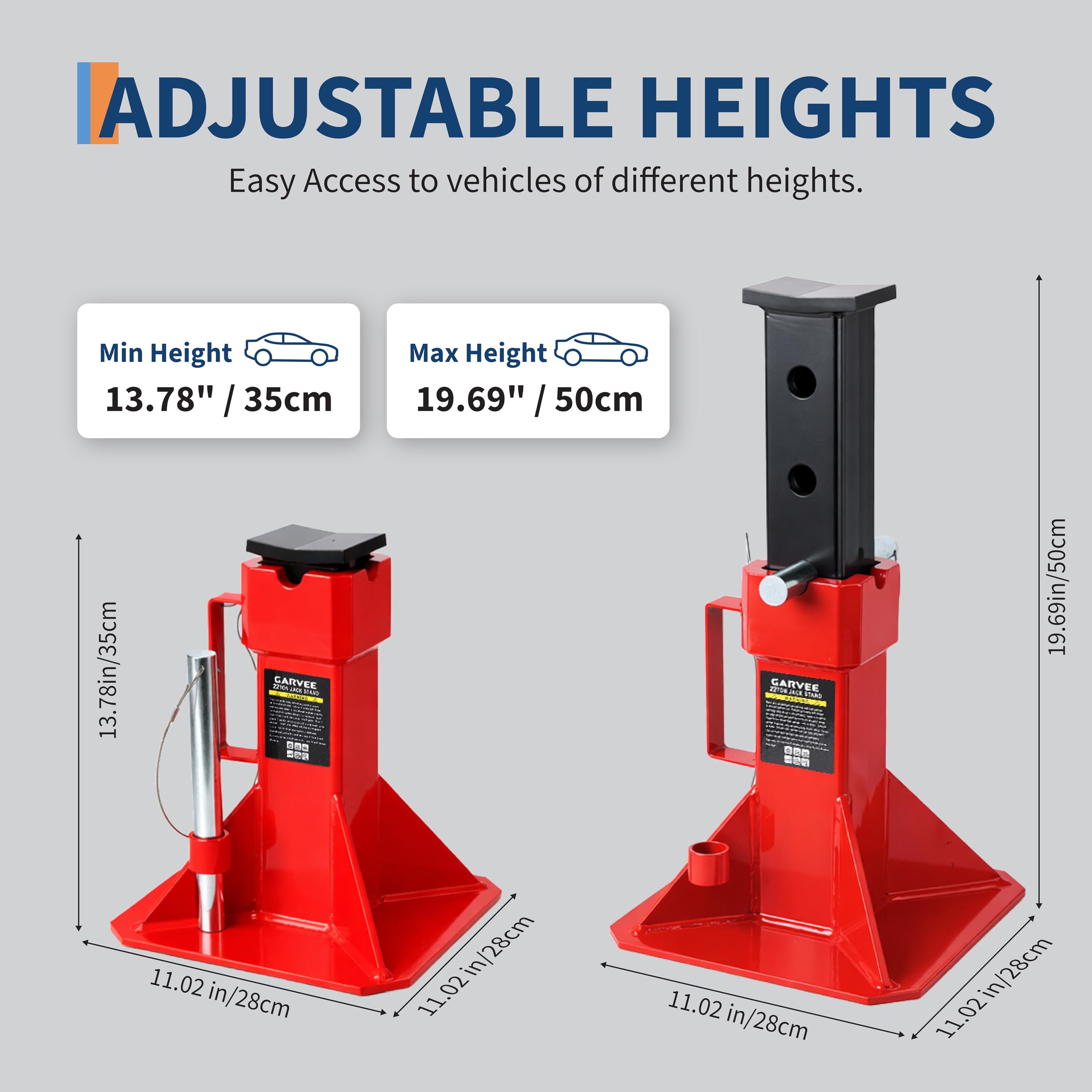 Garvee 22 Ton Jack Stands, Heavy-Duty Pin-Type Car Jack Stands with Lock, Wide Base Safety Design, Adjustable Height (13.8"-19.7") for Trucks, Trailers, and Equipment, Red