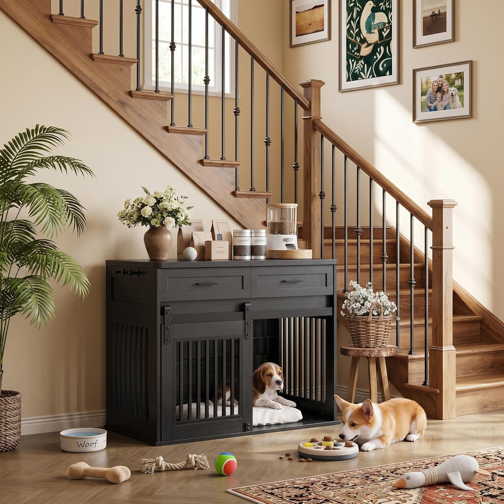 Garvee Heavy Duty Wooden Dog Crate Furniture with Sliding Barn Door and 2 Storage Drawers, Indoor Dog Kennel End Table with Hook, Farmhouse Style Dog Crates for Medium/Large Dogs, Black