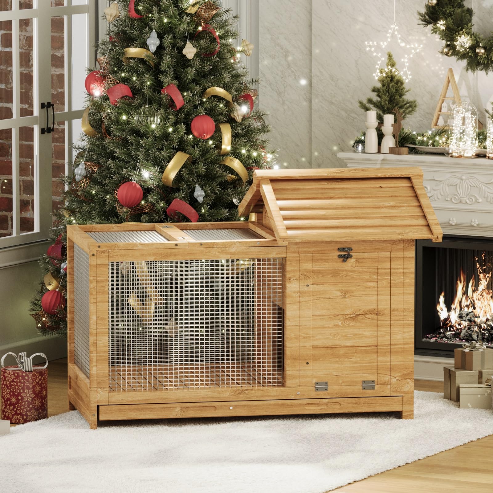 Garvee Large Outdoor Rabbit Hutch, Weatherproof 2-Story Bunny Cage with Removable Wire Netting, Wooden Indoor Outdoor Pet House, Waterproof Roof & Pull-Out Tray, Natural