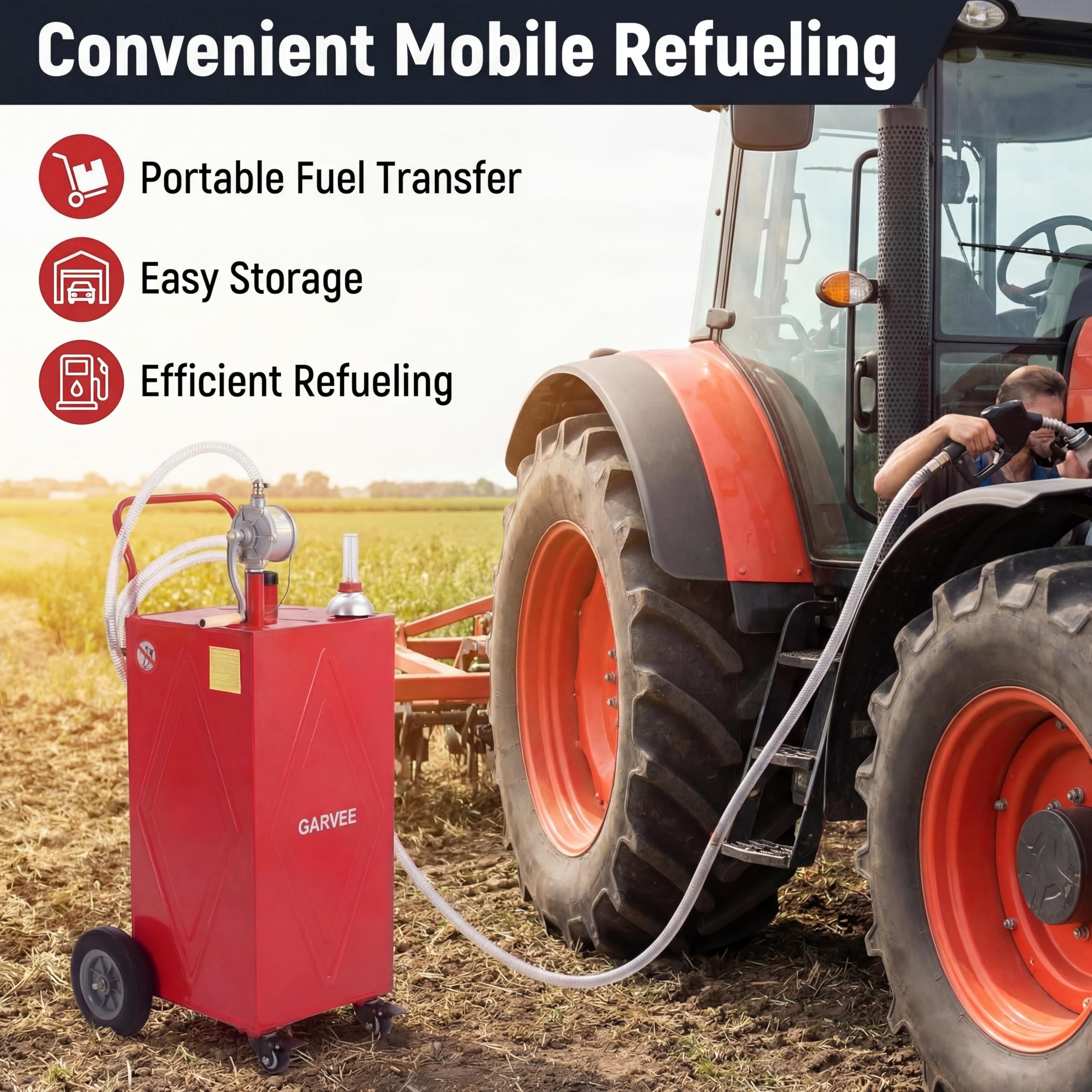 Garvee 30 Gallon Heavy Duty Steel Fuel Caddy with Manual Rotary Pump - All-Terrain 4-Wheel Portable Gas & Fuel Injector Transfer Tank - Leak-Proof Mobile Storage for Trucks, Boats, ATVs, Lawn Mowers, Farm Equipment - Reinforced 4-Wheeler, Red - Li Junjie