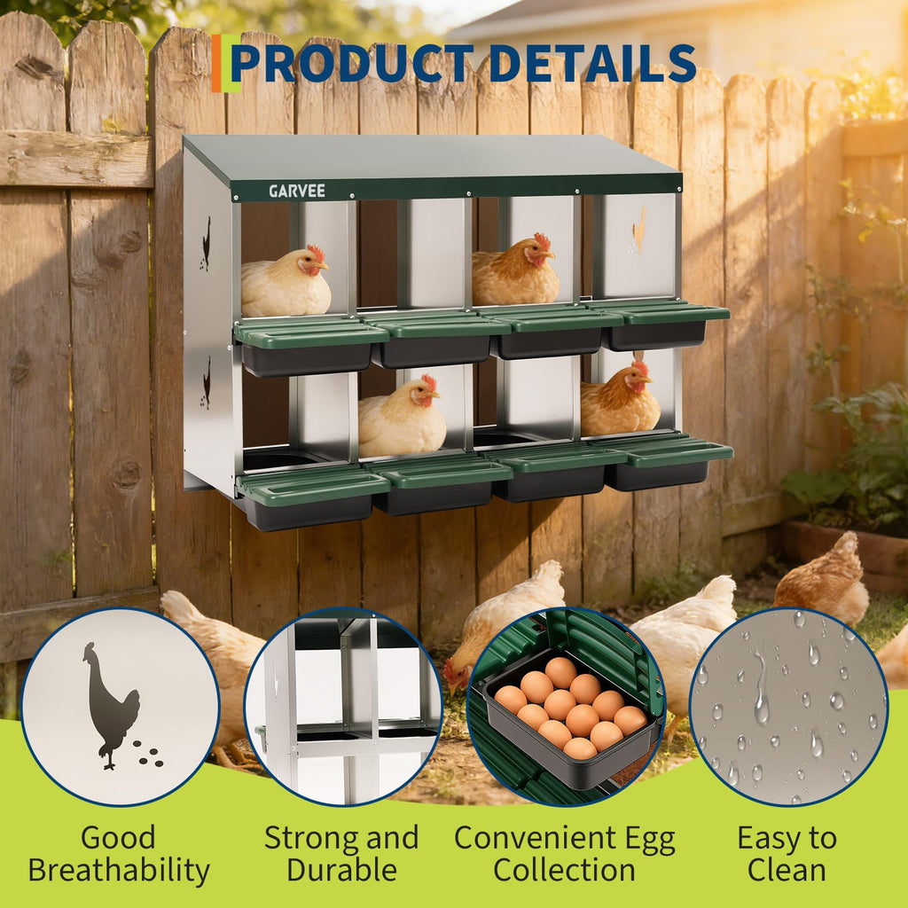Garvee 8-Compartment Metal Chicken Nesting Box, Roll Away Layering Box with Sloped Anti-Perch Roof, 41.7"x12.8"x30.9", Green