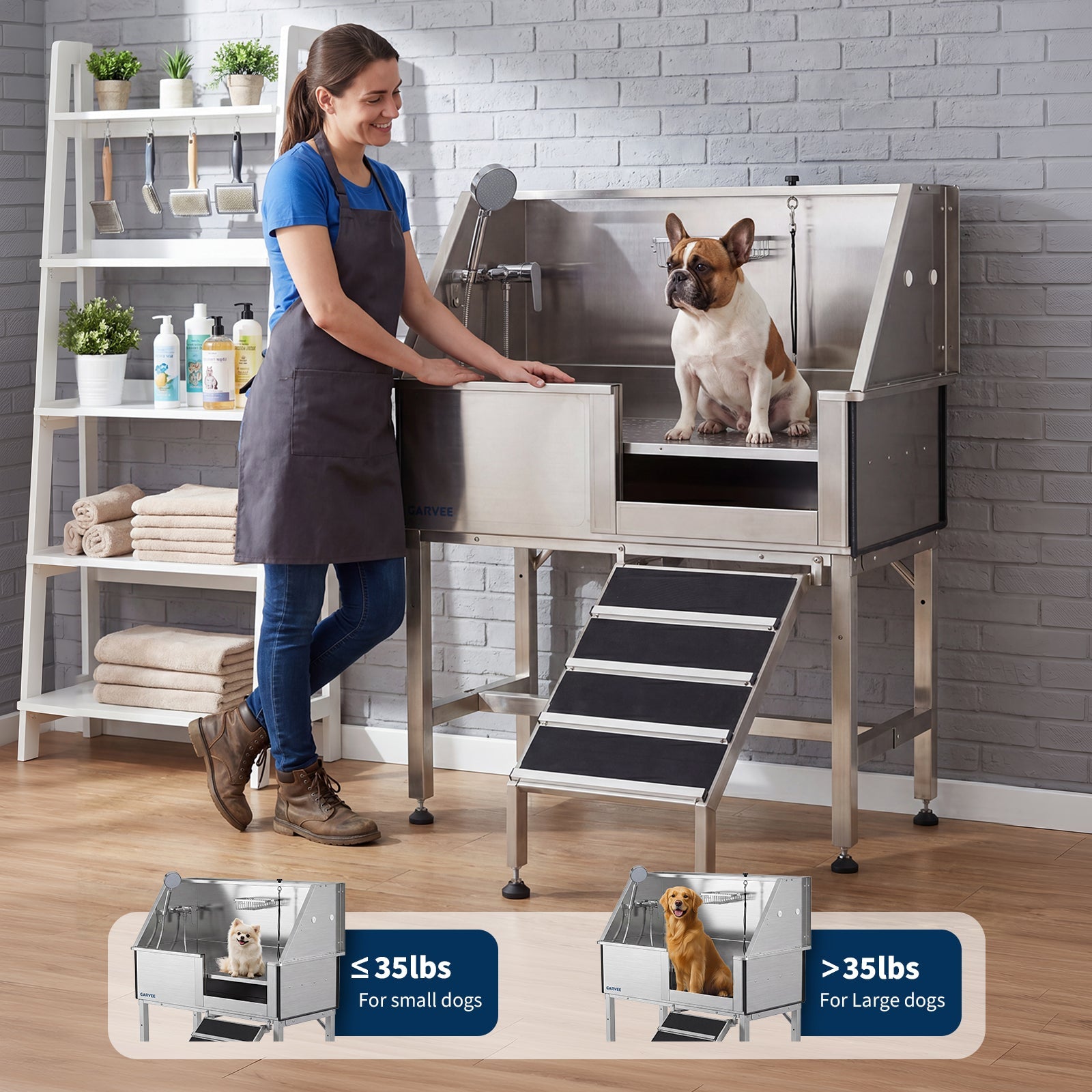 Garvee 46 Inch Stainless Steel Dog Washing Station with Walk-in Ramp, Heavy Duty Pet Grooming Bathtub, Brushed Finish, Right Opening Door