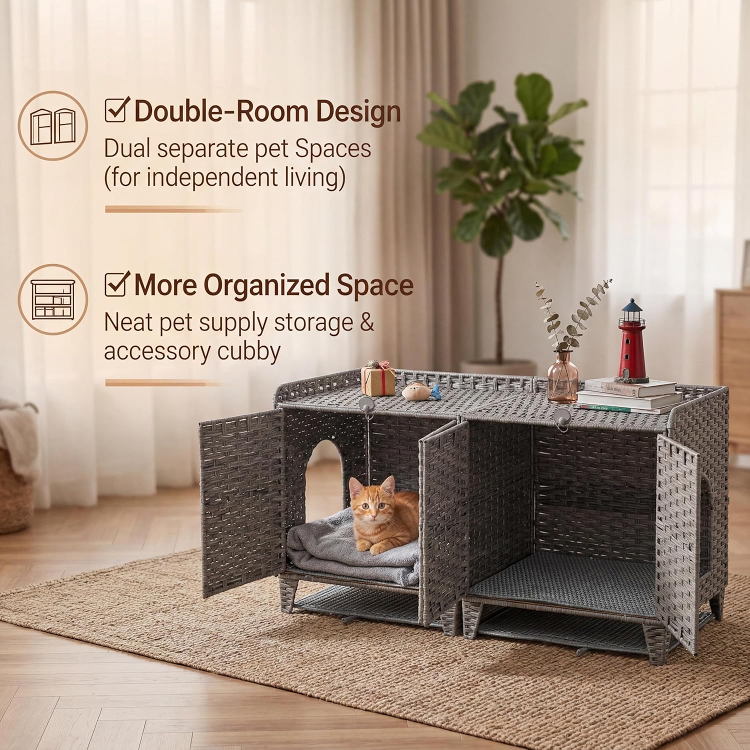 Garvee Double Litter Box Enclosure Furniture, Handwoven Rattan Litter Box Furniture for 2 Cats with Washable Litters Mat & 2 Hooks, Hidden Kitty Cat House for Living Room/Bedroom, Gray