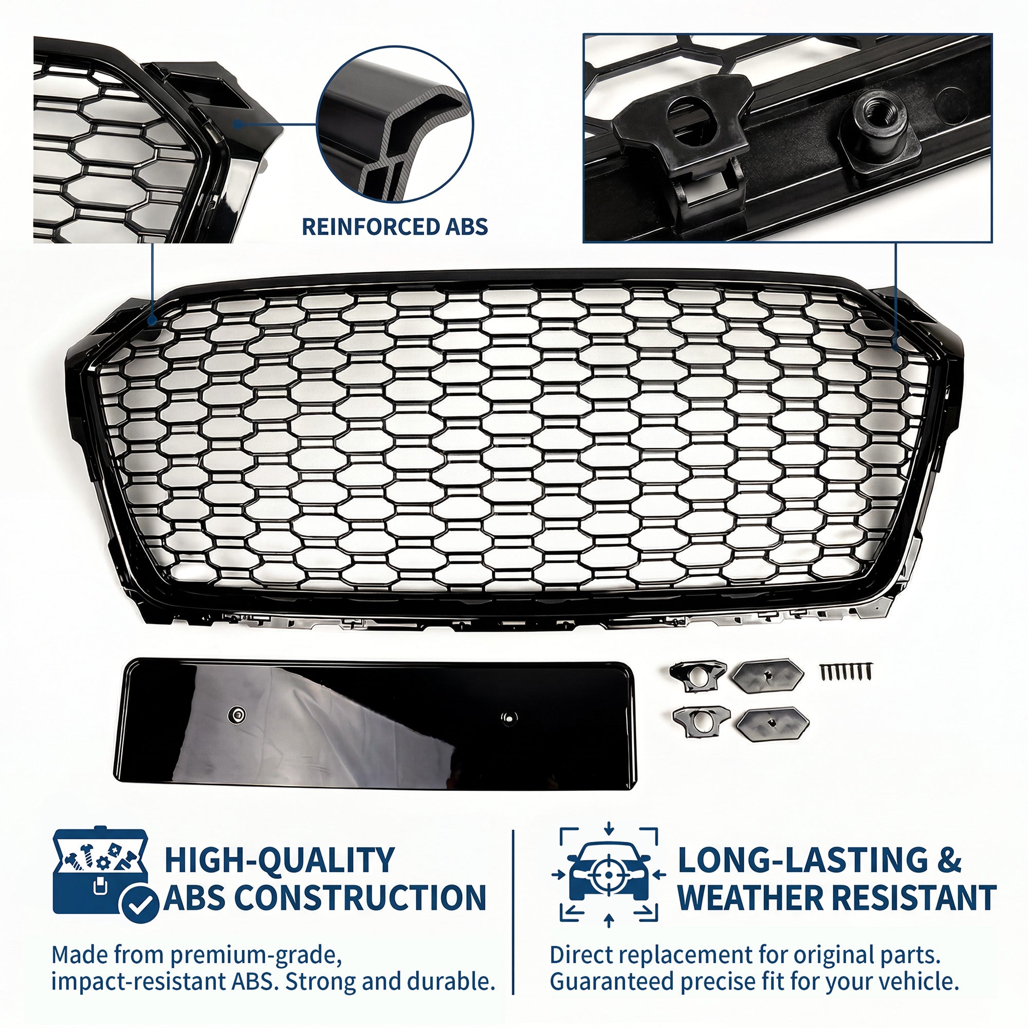 Garvee Gloss Black Honeycomb Front Grille for Audi A1 2016-2018 USA Model – ABS Bumper Protector – Distinctive Single Frame – No Logo – Durable Exterior Car Accessory – Bright Black