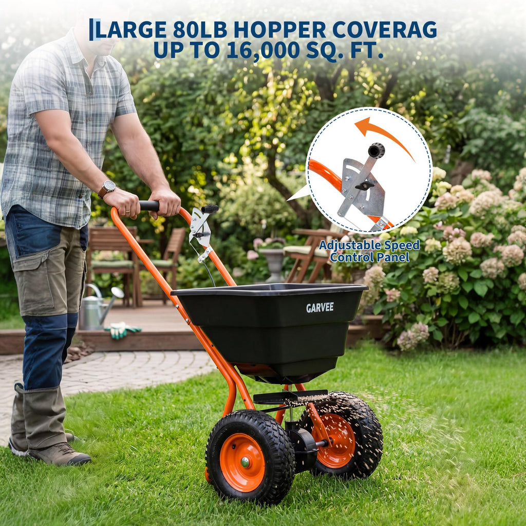 Garvee 80 lb Push Broadcast Spreader with 12' Spread Width, Adjustable Drop Rate, 10" Pneumatic Tires, Rain Cover & Gloves for Seed, Fertilizer, Salt and Ice Melt, Black & Orange-Red