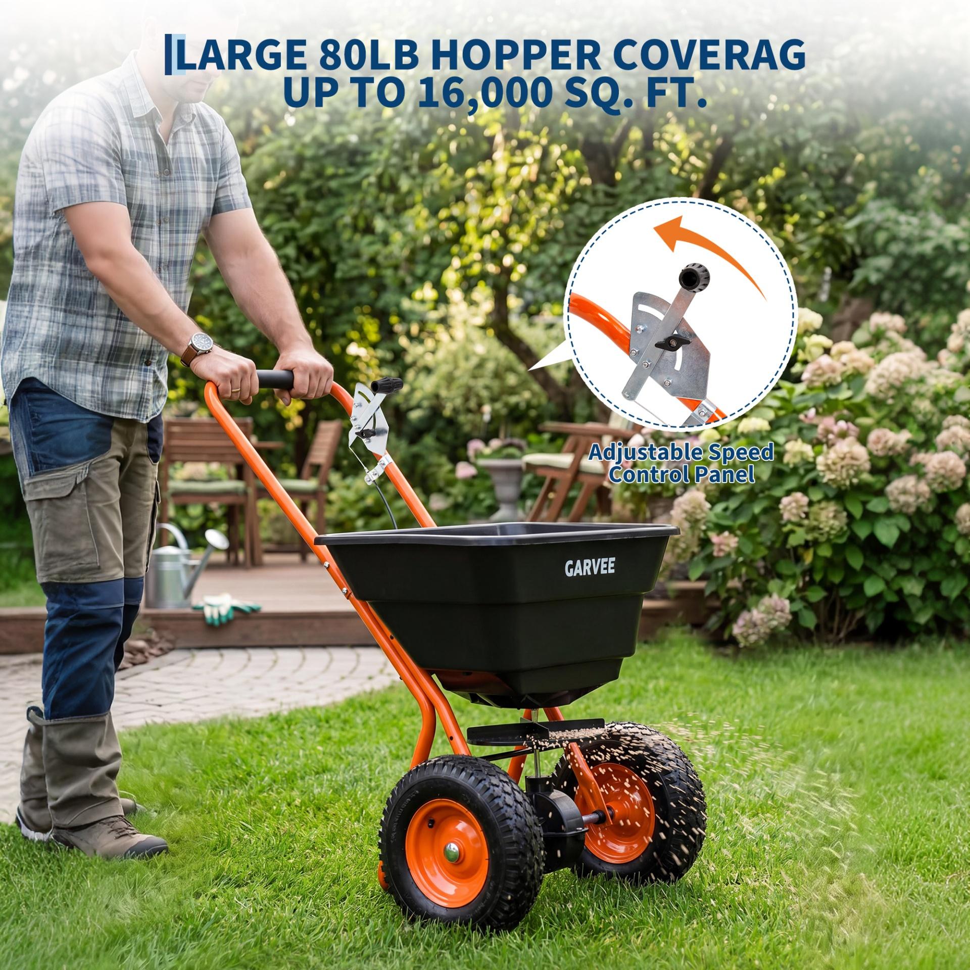 Garvee 80 lb Push Broadcast Spreader with 12' Spread Width, Adjustable Drop Rate, 10" Pneumatic Tires, Rain Cover & Gloves for Seed, Fertilizer, Salt and Ice Melt, Black & Orange-Red