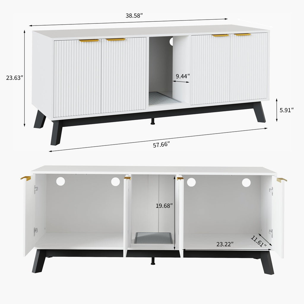 Garvee Double Cat Litter Box Enclosure Furniture, Hidden Litter Box Furniture with Litter Collector & Scratch Pad, Wooden Litter Box Cabinet, Cats House, White
