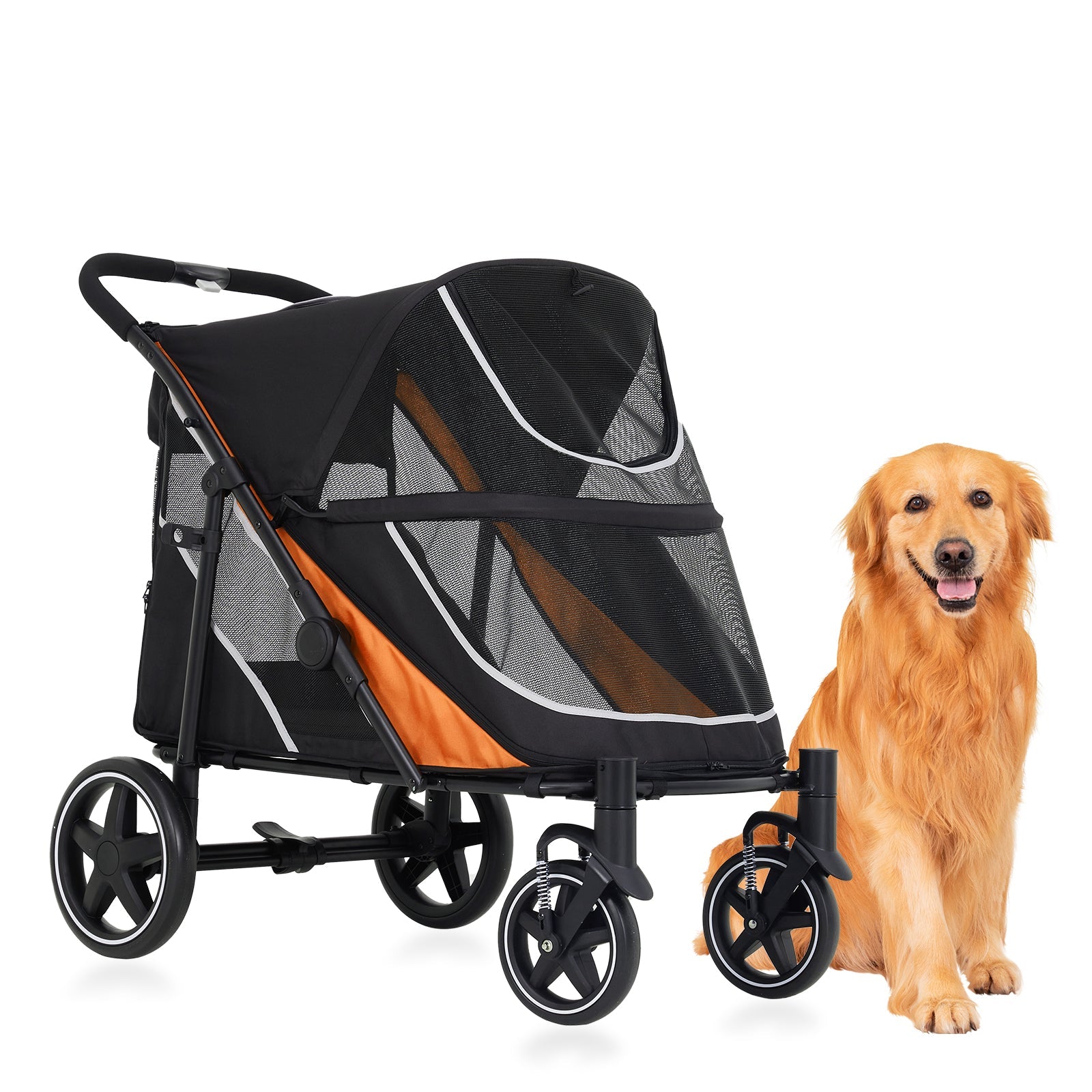 Garvee Large Dog Stroller for Large Dogs 88 lbs, One-Step Fold Pet Stroller with 11" All-Terrain Wheels, 360° Rotatable Front Wheels & Brakes, Heavy Duty, Dual Entry Doors for Senior Dogs, Orange