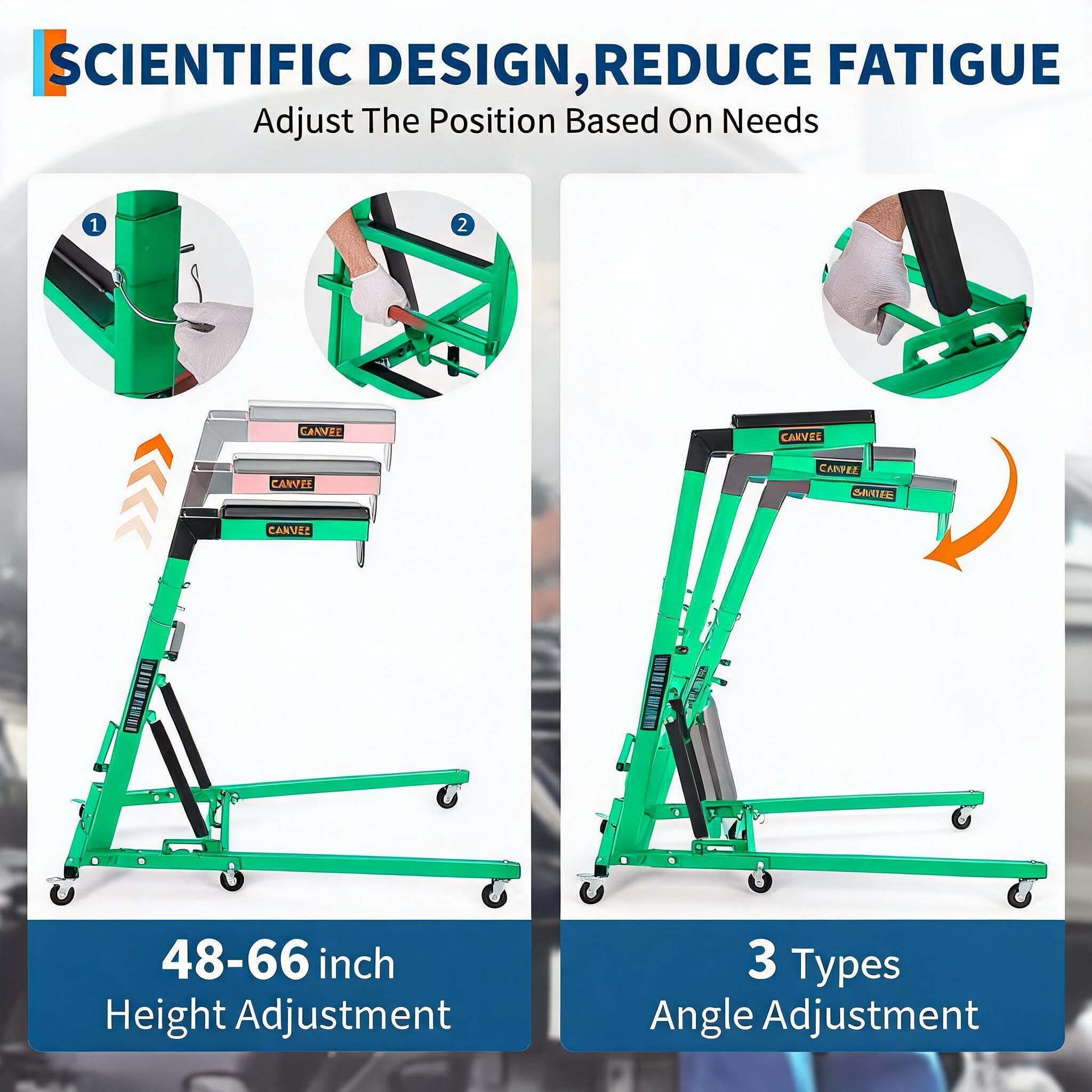 Garvee Heavy Duty Over-Engine Creeper for Mechanics – Adjustable Height 48-68 in, 400 lbs Capacity, Collapsible Design, 6 Swivel Casters, Thick Cushion, Tool Pouch – Ideal for Garage Workshop – Green Engineering (RAL 6024)