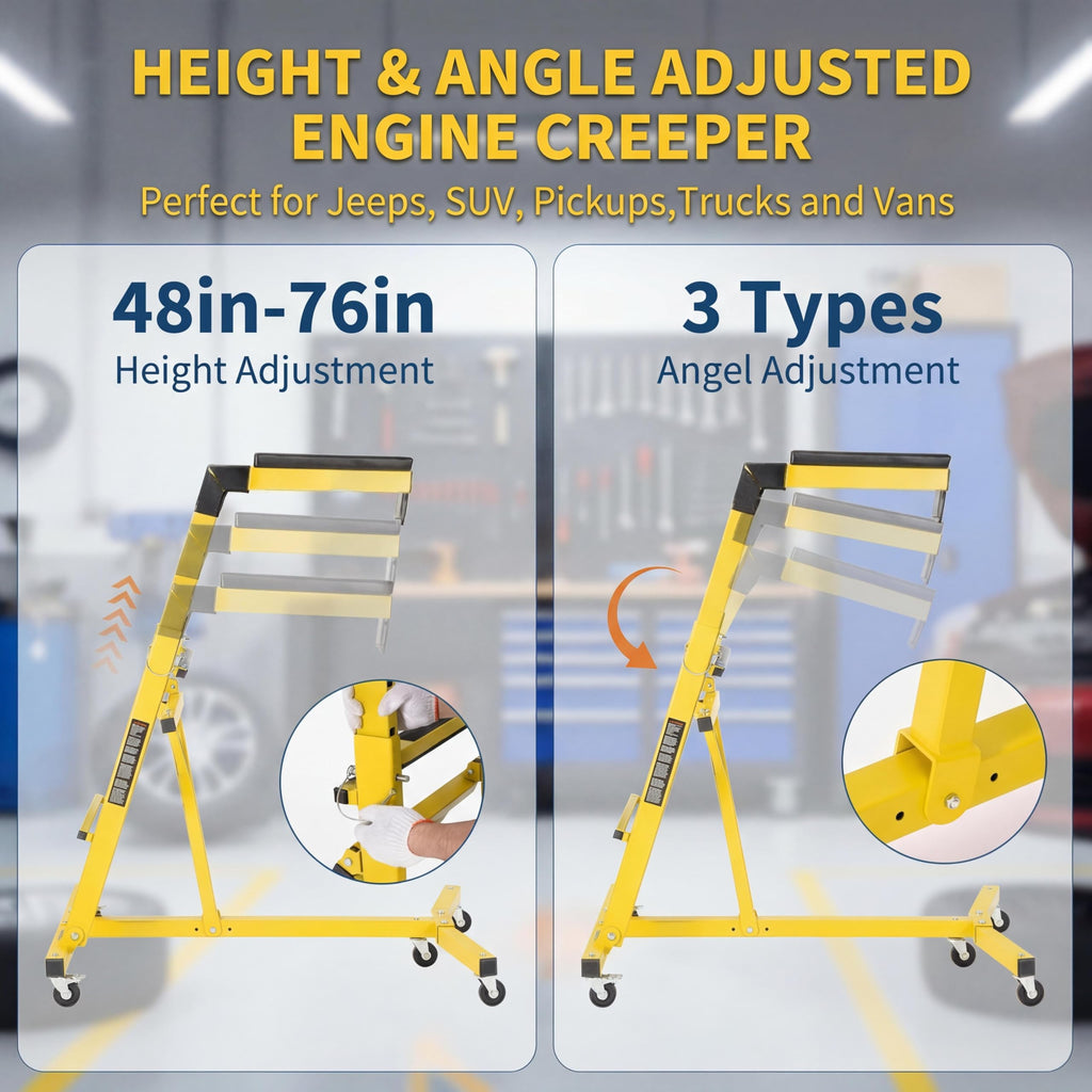 Garvee Topside Automotive Creeper for Trucks & Jeeps, Adjustable 49-76" Height, Heavy Duty 400 lbs Steel, Foldable with Tool Pouch, Lockable Casters, Garage Use, Yellow