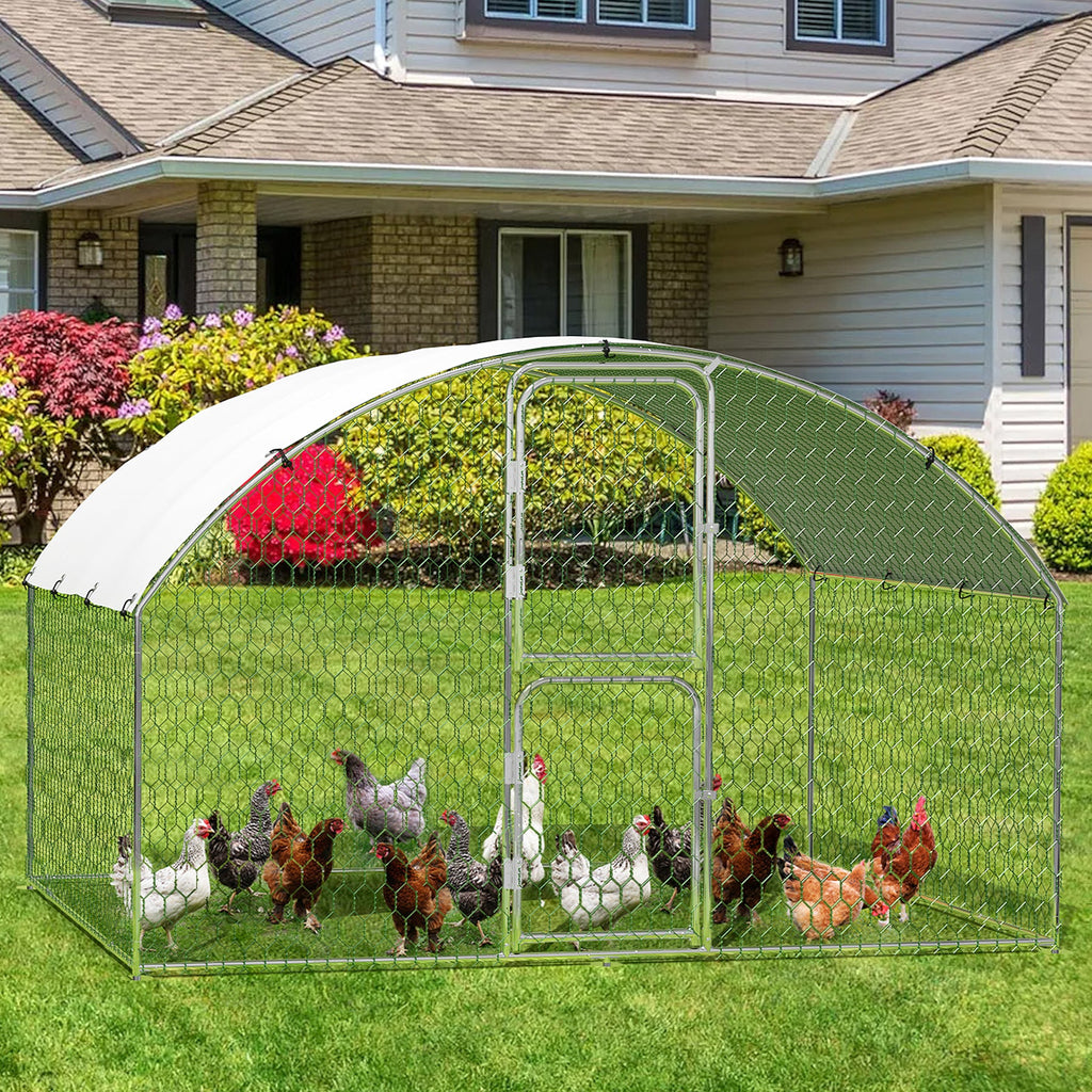 Garvee 9.8' × 6.5' Walk-In Metal Chicken Coop, Galvanized Outdoor Poultry Cage with Double Doors, Secure Lock & Waterproof UV-Resistant Cover for Backyard Farm
