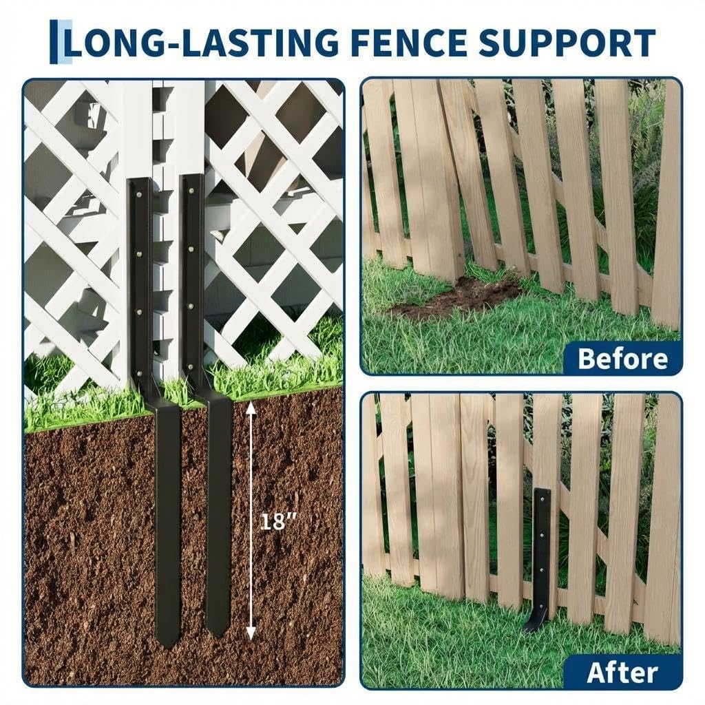 Garvee Fence Post Repair Kit Heavy Duty Metal Stakes H-Shaped Steel Support Rust-Resistant No Dig Installation 2PCS Garden Fence Reinforcement
