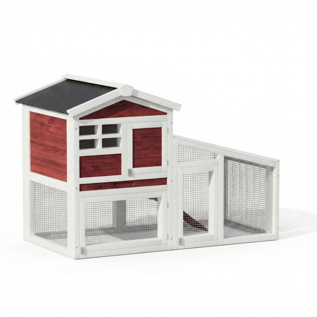 Garvee 2-Tier 53" Wooden Small Animal Cage, Weatherproof Rabbit Hutch with Non-Slip Ramp, Leak-Proof Removable Tray, Anti-Chew Metal Frame, Asphalt Roof, Ideal for Rabbits, Guinea Pigs, Rufous White